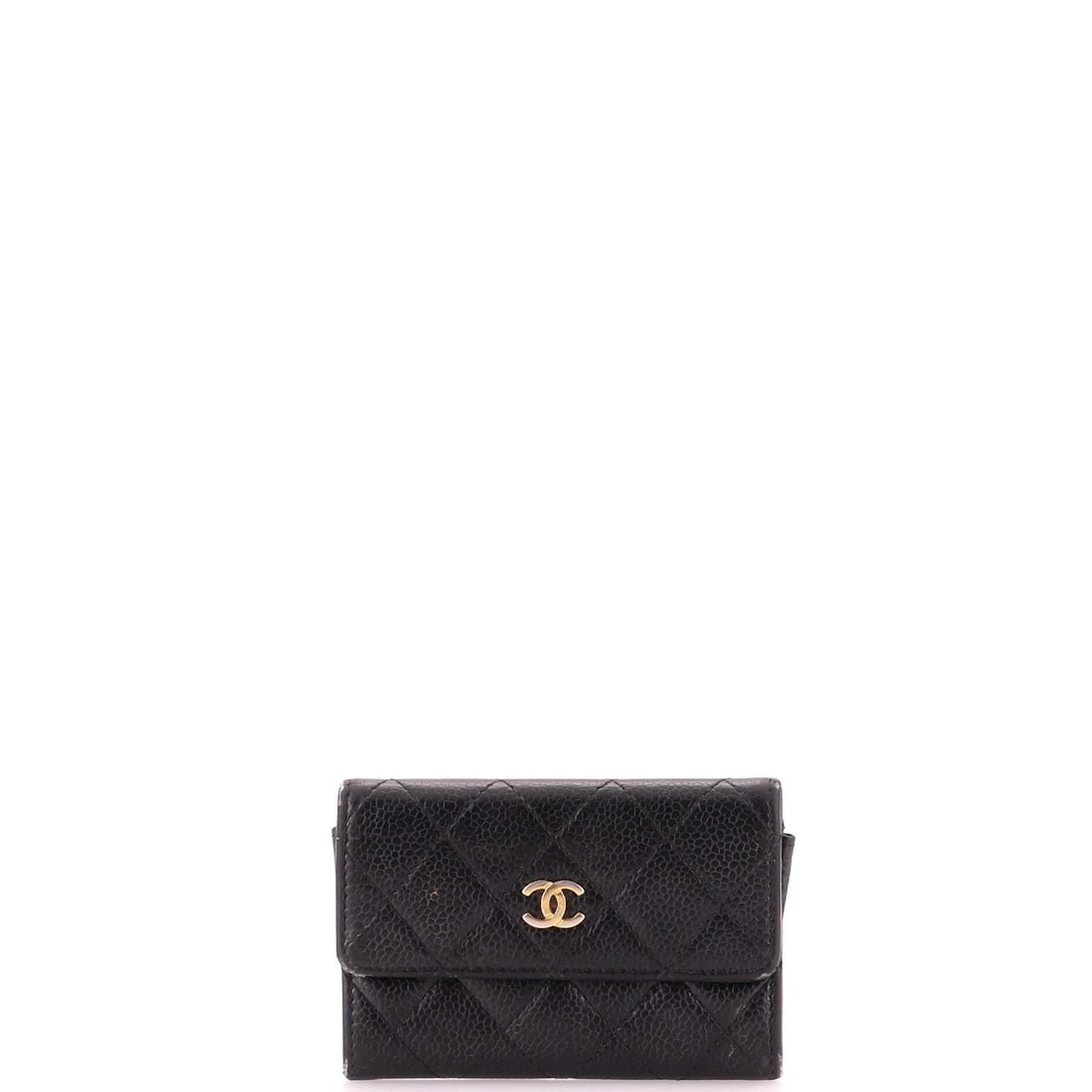 Card Case Quilted Flap Chanel Caviar: Card Case Quilted Flap Chanel Caviar Black quilted caviar leather Chanel card case with gold hardware, featuring a classic design and rich burgundy interior. The exterior shows signs of wear and