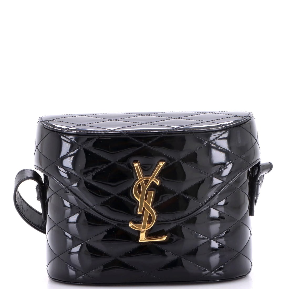 Saint Laurent Quilted Patent Bag Box June: Saint Laurent Quilted Patent Bag Box June Saint Laurent Quilted Patent Bag Box June is a unique, black patent leather cross body bag with quilted design, featuring gold hardware and suede interior.