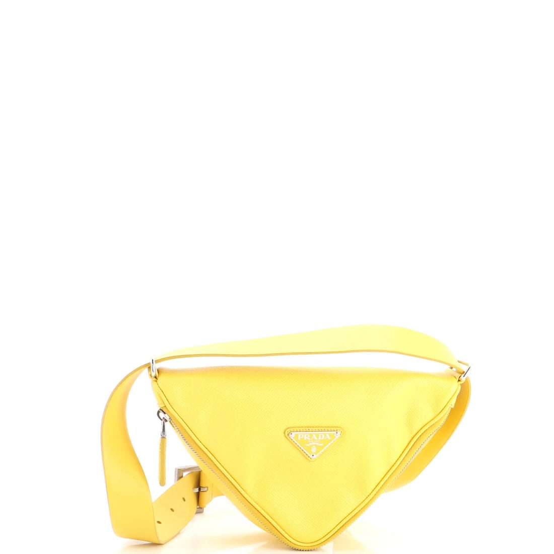 Saffiano Leather Bag Zip Shoulder Logo Triangle Around Prada: Saffiano Leather Bag Zip Shoulder Logo Triangle Around Prada Saffiano leather exterior, yellow, and a triangle logo zip around shoulder design make this Prada bag a standout. With a size of 6" x 10"