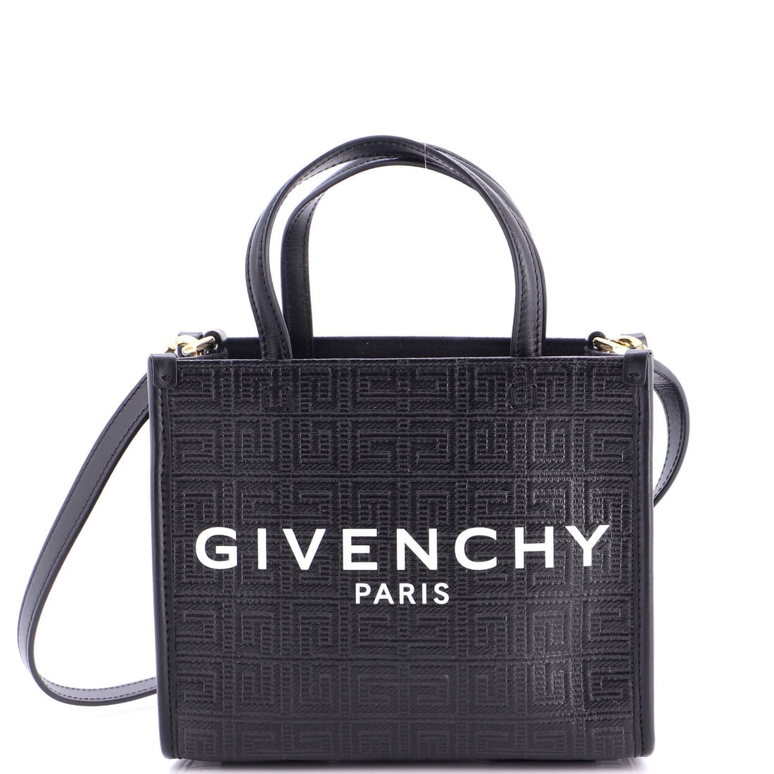 G Tote 4G Embossed Canvas Mini Coated Givenchy: G Tote 4G Embossed Canvas Mini Coated Givenchy Black leather exterior with embossed canvas, 21" gold tone strap, and 4" drop handle. The mini G Tote 4G features a classic design with minor creases on