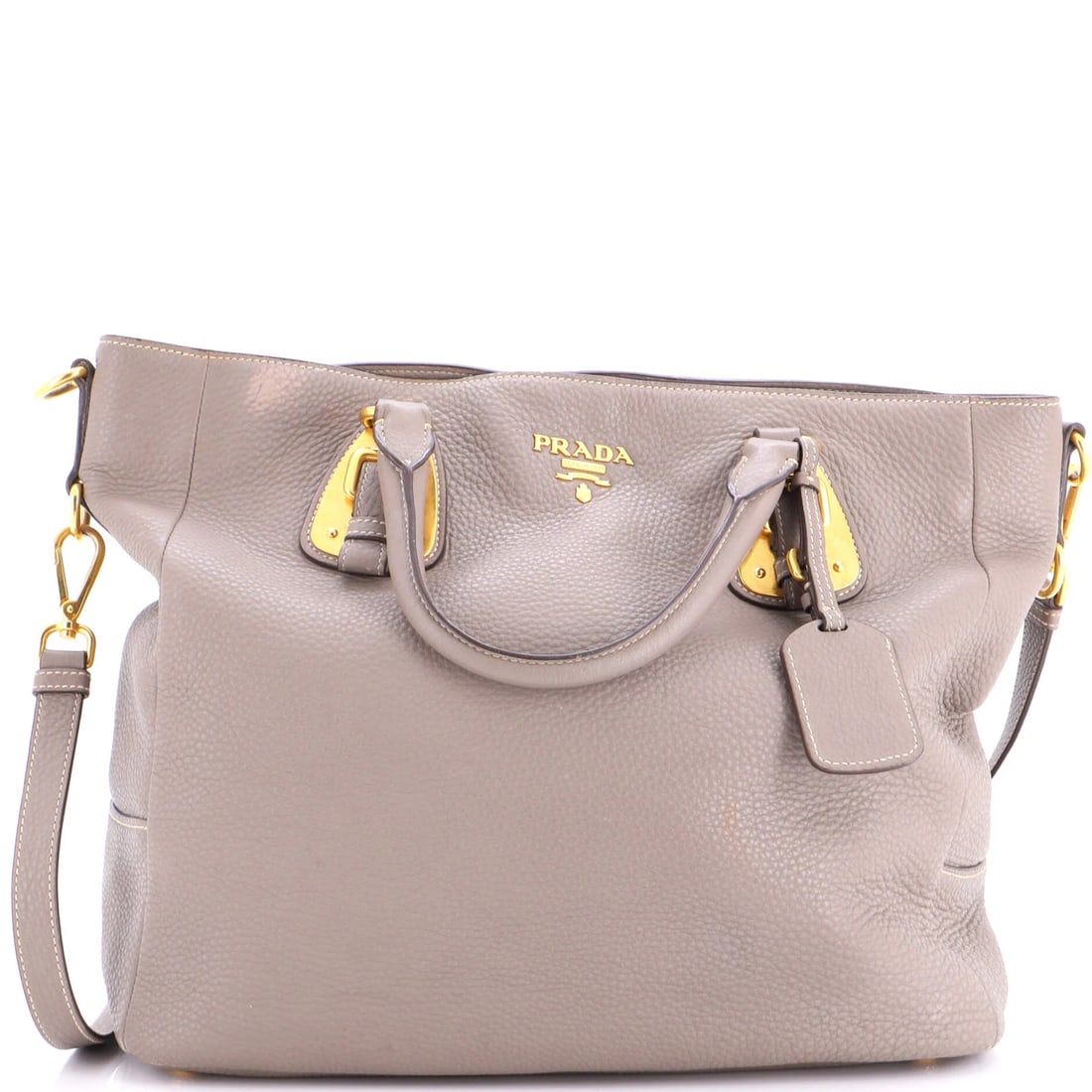 Side Zip Convertible Tote Vitello Large Prada: Side Zip Convertible Tote Vitello Large Prada Gray Side Zip Convertible Tote Vitello Large Prada with Aged Gold Hardware, featuring a spacious interior with brown fabric lining and exterior leather
