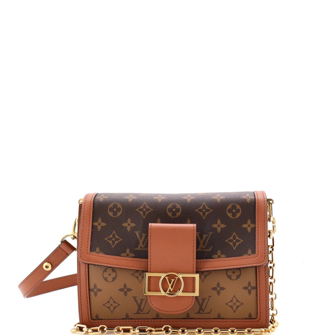Vuitton Louis Monogram Dauphine Reverse Shoulder Bag Canvas MM: Vuitton Louis Monogram Dauphine Reverse Shoulder Bag Canvas MM Canvas Coated Louis Vuitton Dauphine Reverse Shoulder Bag in Brown, featuring a classic Mm design and gold hardware, measures 7" high, 10