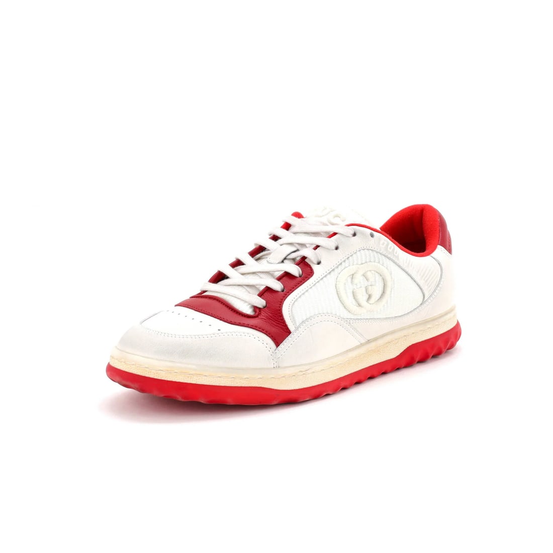 Gucci Men's MAC80 Sneakers Leather with Fabric: Gucci Men's MAC80 Sneakers Leather with Fabric Red Gucci Men's MAC80 Sneakers Leather with Fabric, available in US size 6.5, feature a striking red upper made from both leather and fabric. The shoes