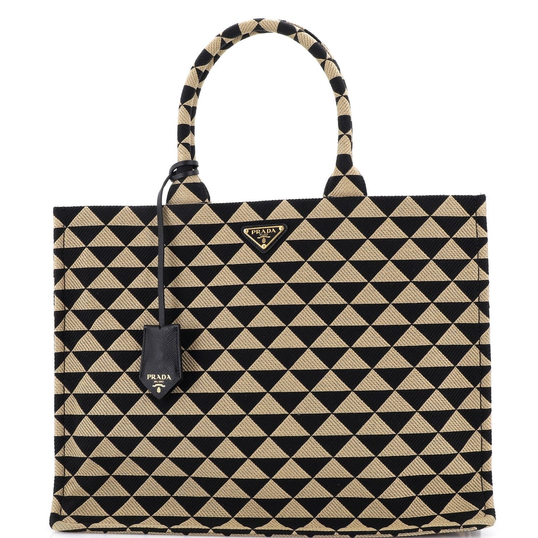Tote Shopper Large Prada Symbole Jacquard: Tote Shopper Large Prada Symbole Jacquard Large Prada Symbole Jacquard Tote in Brown and Black. This spacious Symbole Shopper Tote features a striking Jacquard exterior with a classic brown and black