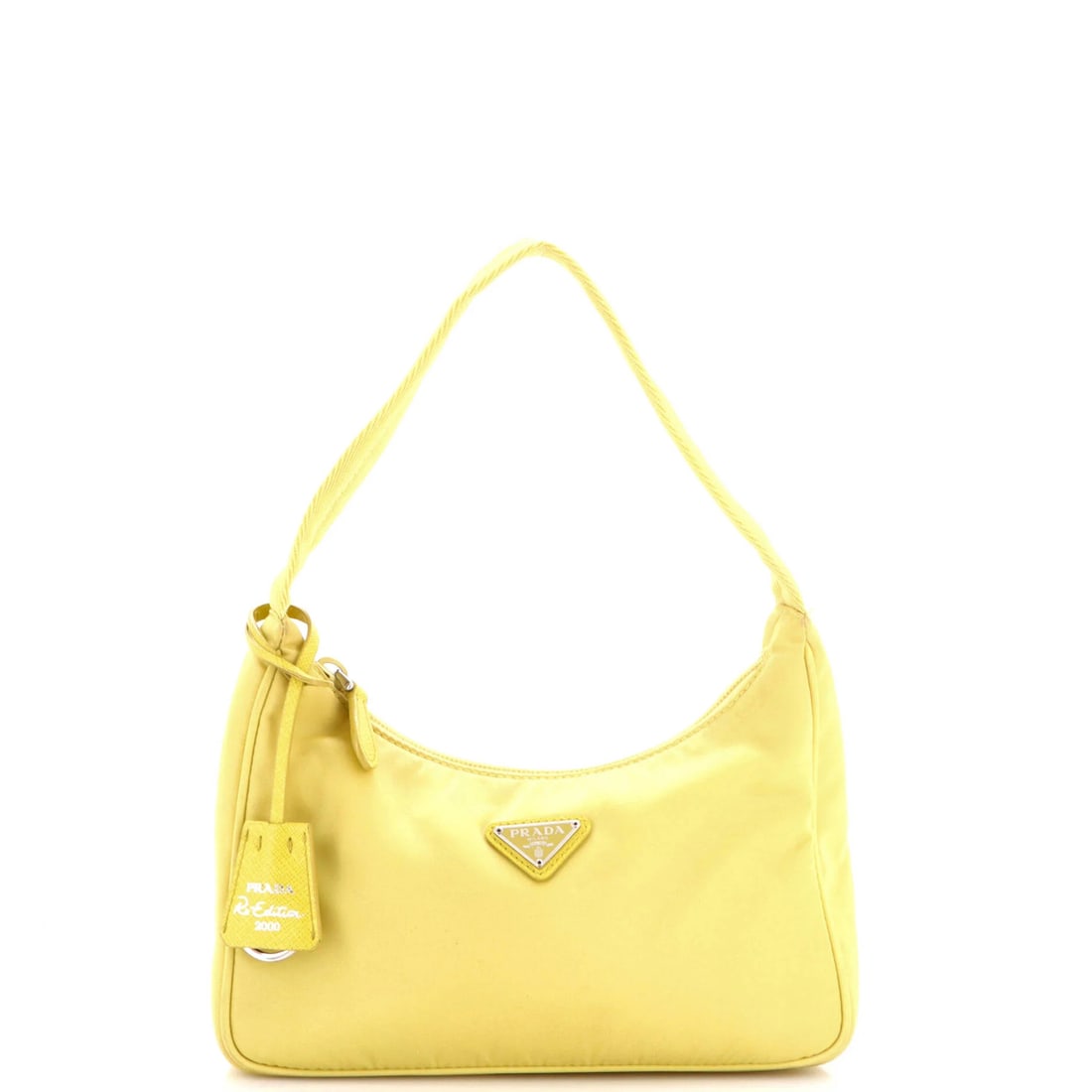 Prada Re-Edition 2000 Hobo Tessuto Mini: Prada Re-Edition 2000 Hobo Tessuto Mini The Prada Re-Edition 2000 Hobo Tessuto Mini is a vibrant yellow nylon mini handbag with a signature Prada design. This mini bag features a clochette and