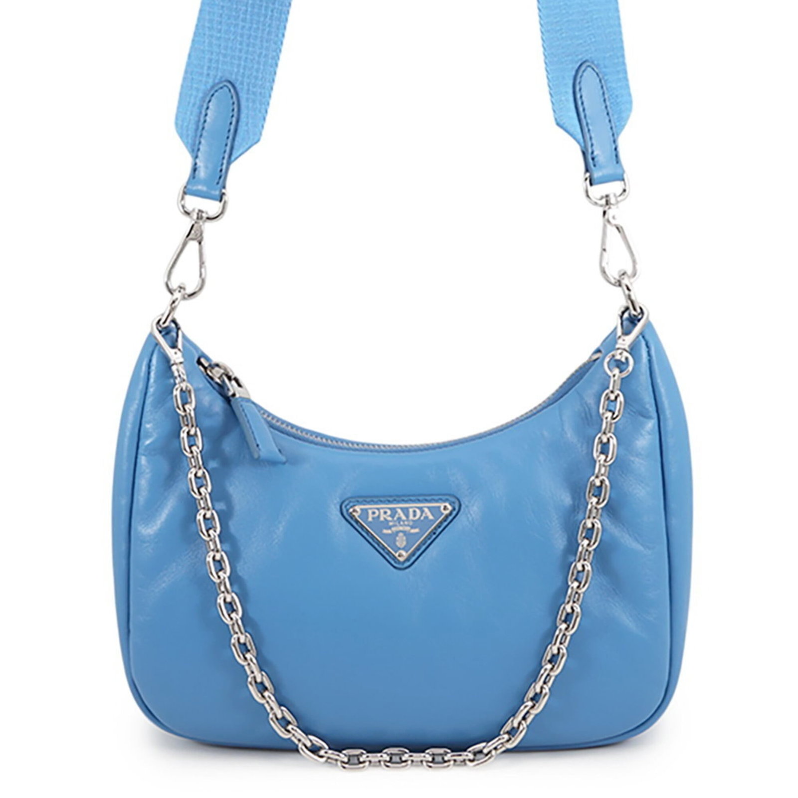 Handbag Pouch Nylon Shoulder Prada: Handbag Pouch Nylon Shoulder Prada Light blue nylon shoulder bag with a classic design, measuring 16.5cm x 22cm x 7.5cm, made from high-quality nylon material. This stylish Prada bag features a sleek 