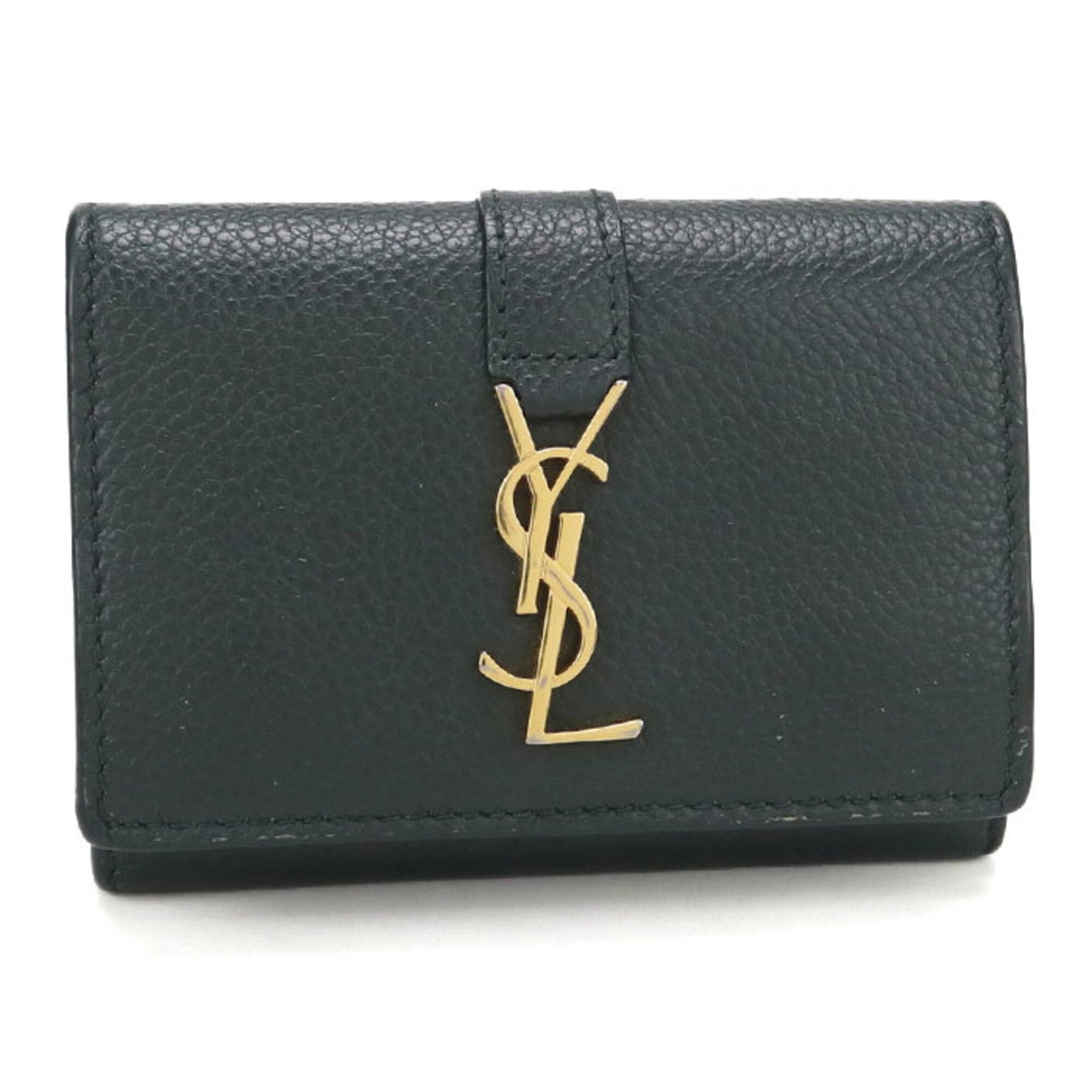 Saint Laurent Wallet (Tri-Fold) Leather: Saint Laurent Wallet (Tri-Fold) Leather The Saint Laurent tri-fold leather wallet features a stunning green color and a classic design that exudes timeless elegance. Made from high-quality leather,