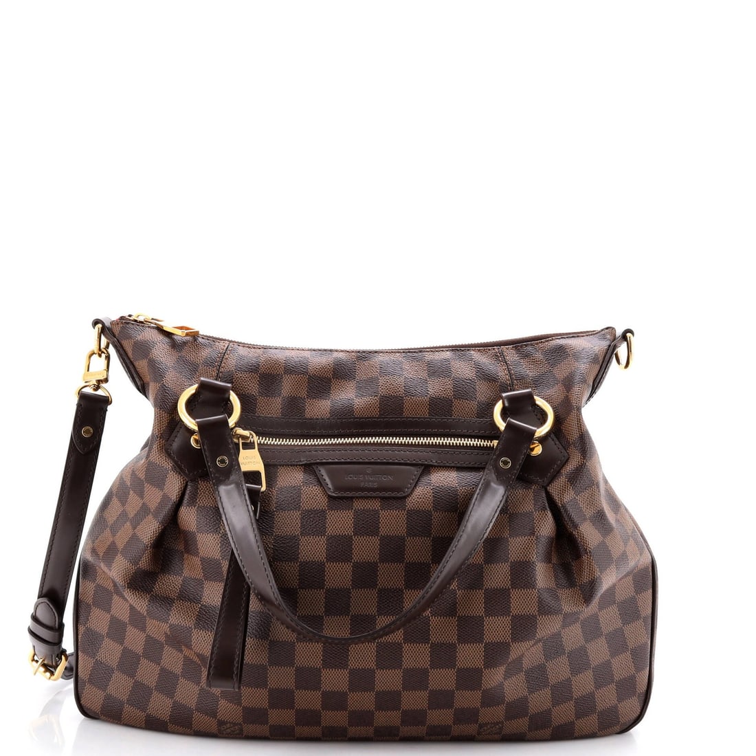 Louis Vuitton Evora Damier MM: Louis Vuitton Evora Damier MM Brown Louis Vuitton Evora Damier MM Satchel with Gold Hardware, featuring a classic canvas coated exterior and a spacious interior with microfiber lining. The bag boasts