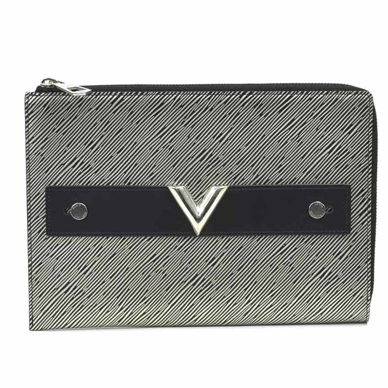 Louis Vuitton Pochette Leather Epi Clutch: Louis Vuitton Pochette Leather Epi Clutch The Louis Vuitton Pochette Leather Epi Clutch is a sleek and sophisticated black Epi leather clutch with a silver finish, measuring 18cm x 25cm x 1.5cm. This