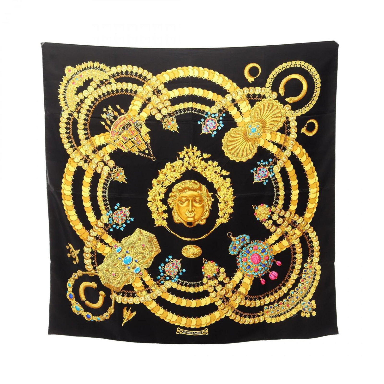 Silk Hermes Scarf: Silk Hermes Scarf Silk from the renowned French fashion house, this 87cm x 87cm black scarf boasts a striking design that showcases the craftsmanship of Hermes. The scarf's vibrant multi-color and