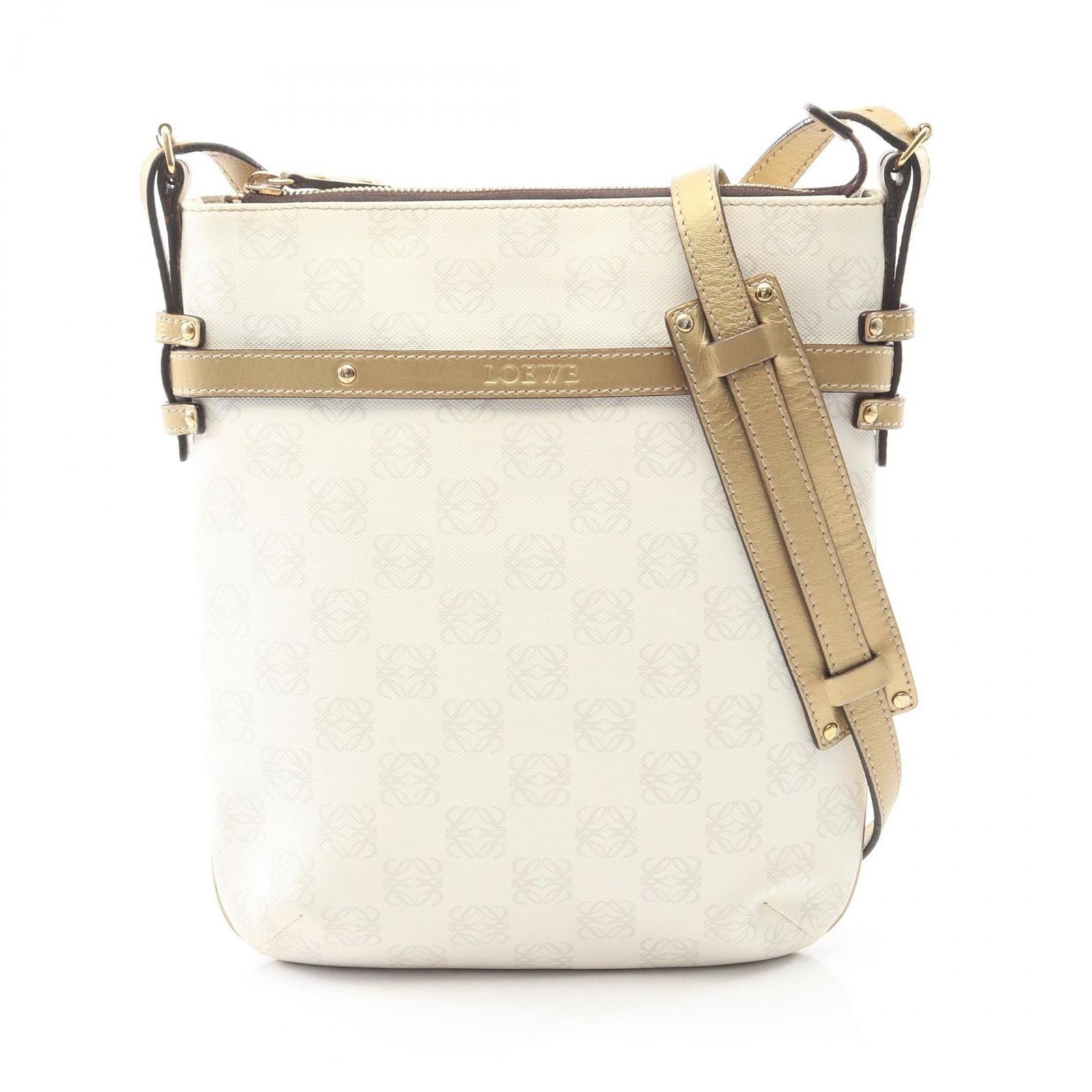 Handbag Shoulder Bag Leather Coated Canvas Loewe: Handbag Shoulder Bag Leather Coated Canvas Loewe Coated canvas and leather combine in a luxurious gold and white Loewe shoulder bag, measuring 27.5cm x 23cm x 4cm. This stylish bag features a classic