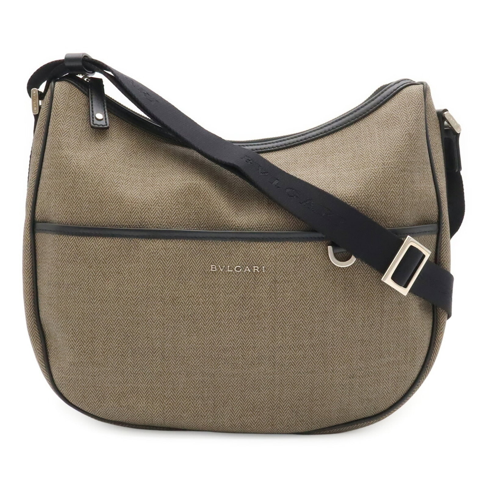 Coated Canvas Leather Bag Shoulder By Bvlgari: Coated Canvas Leather Bag Shoulder By Bvlgari Coated canvas and leather blend in this sleek shoulder bag from Bvlgari, available in black and grayish tones. With dimensions of 26.5cm x 35cm x 10cm,
