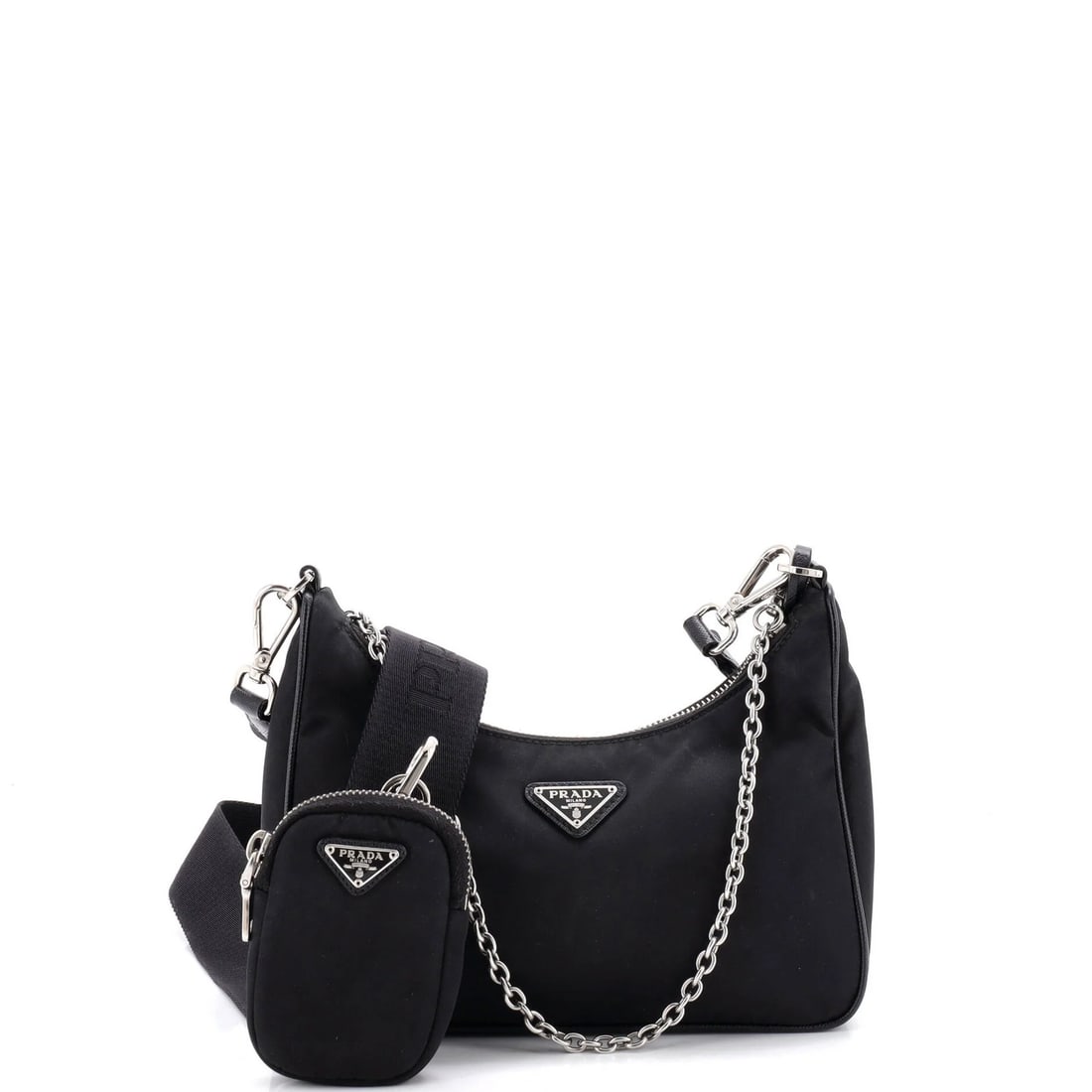 Re Edition Small Prada 2005 Bag Tessuto Shoulder: Re Edition Small Prada 2005 Bag Tessuto Shoulder Small Re Edition Prada 2005 Tessuto Shoulder Bag in Black Nylon, featuring a cross body design with extra strap and clochette pochette, measures 10.5"