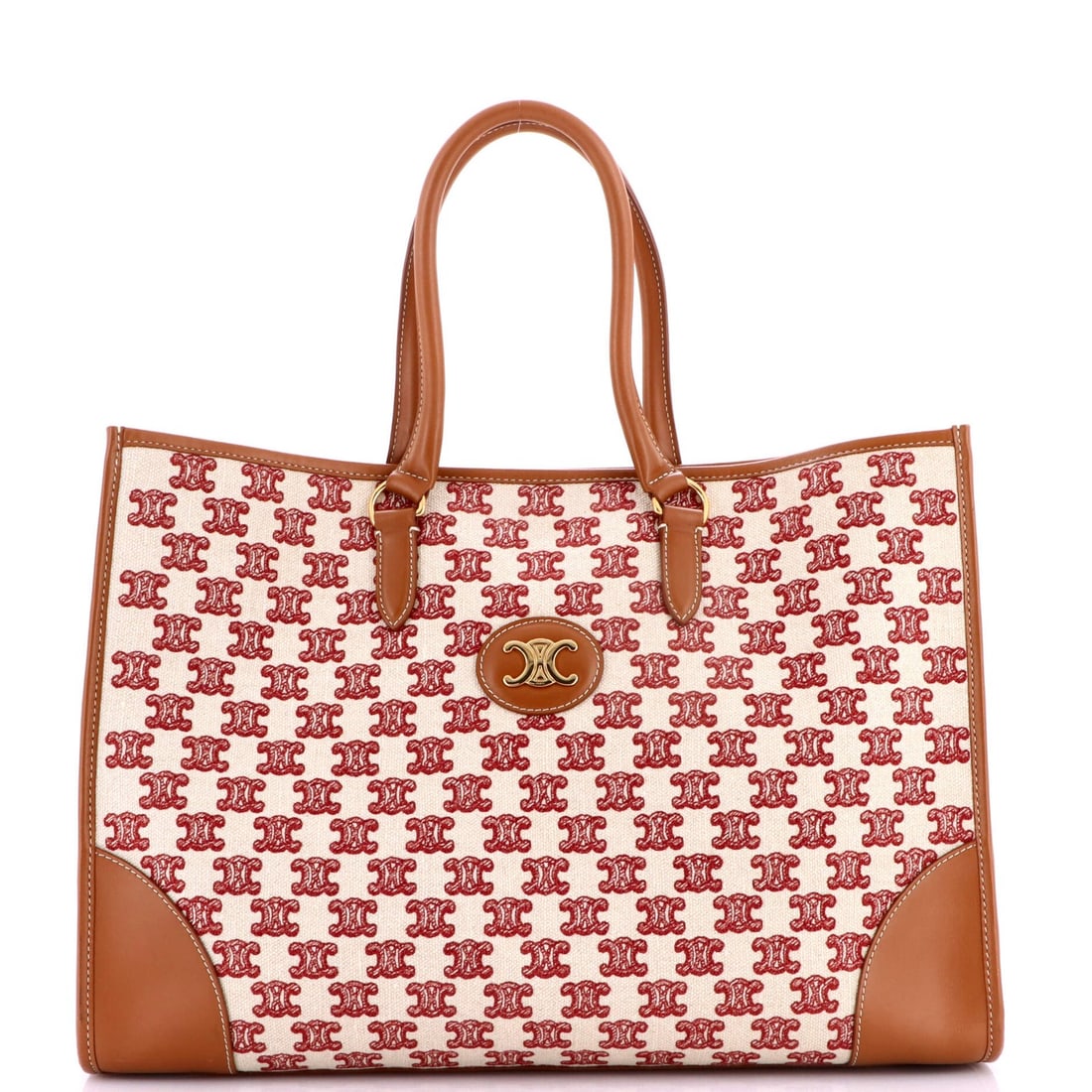 Cabas Tote Triomphe Celine Horizontal Canvas: Cabas Tote Triomphe Celine Horizontal Canvas Red Cabas Tote Triomphe Celine Horizontal Canvas, featuring a classic design with a canvas exterior and neutral interior, measures 11.5" tall, 16.75"