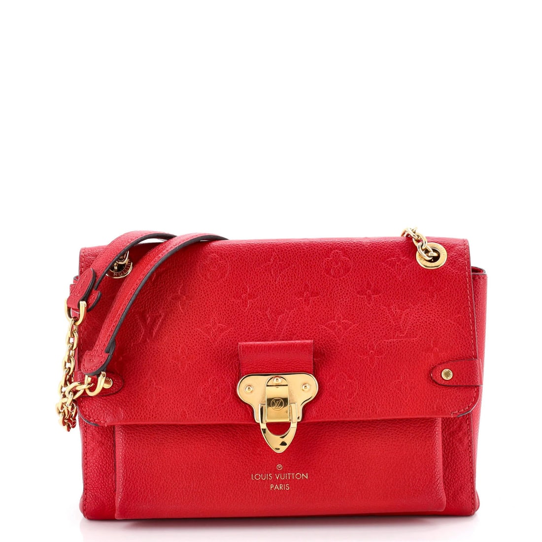 Handbag Monogram Leather Empreinte PM Louis Vuitton: Handbag Monogram Leather Empreinte PM Louis Vuitton Red Louis Vuitton PM Handbag with Monogram Empreinte Leather, featuring a classic cross body design and gold hardware. The exterior shows signs of w