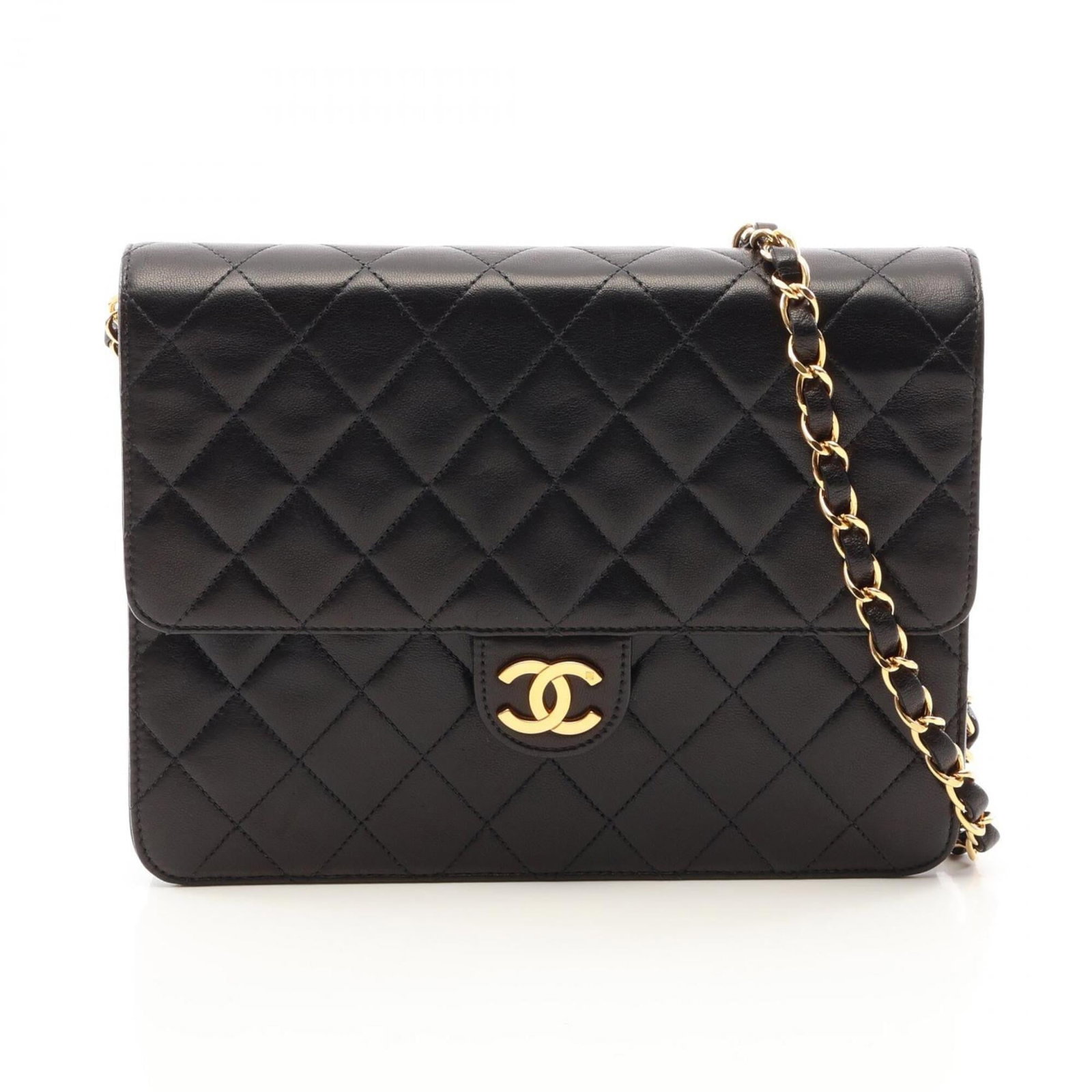 Shoulder Bag Leather Handbag Chanel: Shoulder Bag Leather Handbag Chanel Black lambskin leather shoulder bag from the Chanel Matelasse line, featuring a gold flap closure and gold hardware. This classic design measures 17.5cm x 22cm x