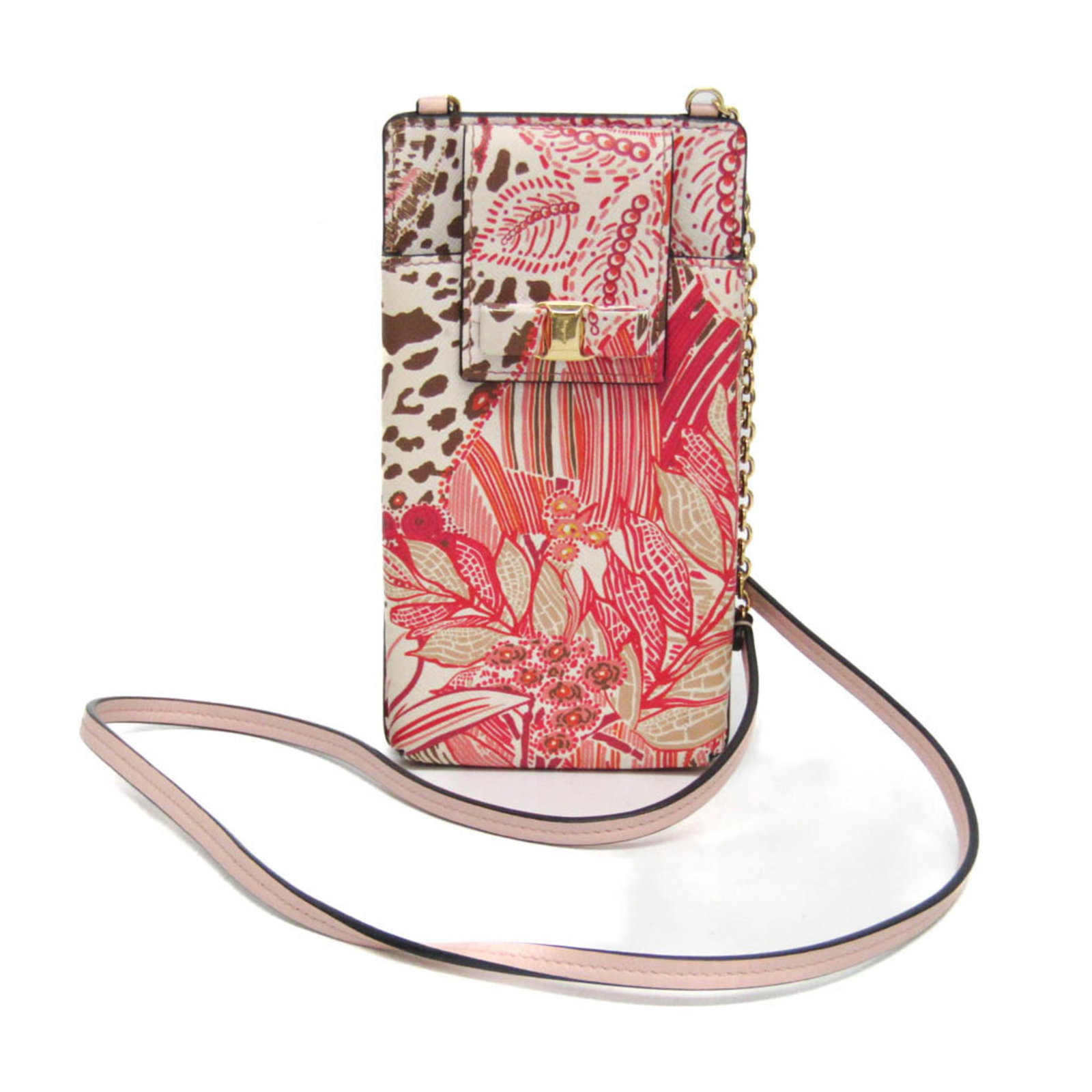 Ferragamo Leather Shoulder Bag: Ferragamo Leather Shoulder Bag The Salvatore Ferragamo Leather Shoulder Bag is a stylish and practical accessory, featuring a sleek design with a botanical pattern in off-white, pink, and red colors. 