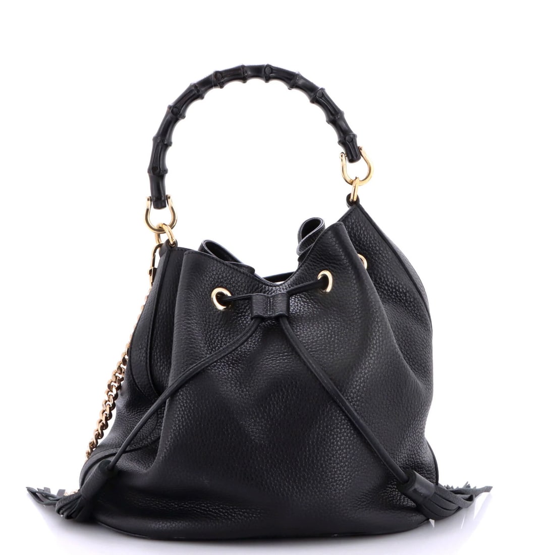 Medium Bamboo Leather Bag Gucci Miss Bucket: Medium Bamboo Leather Bag Gucci Miss Bucket The Gucci Miss Bamboo Bucket Bag features a unique blend of leather and bamboo materials, with a sleek black exterior and gray interior. This medium-sized
