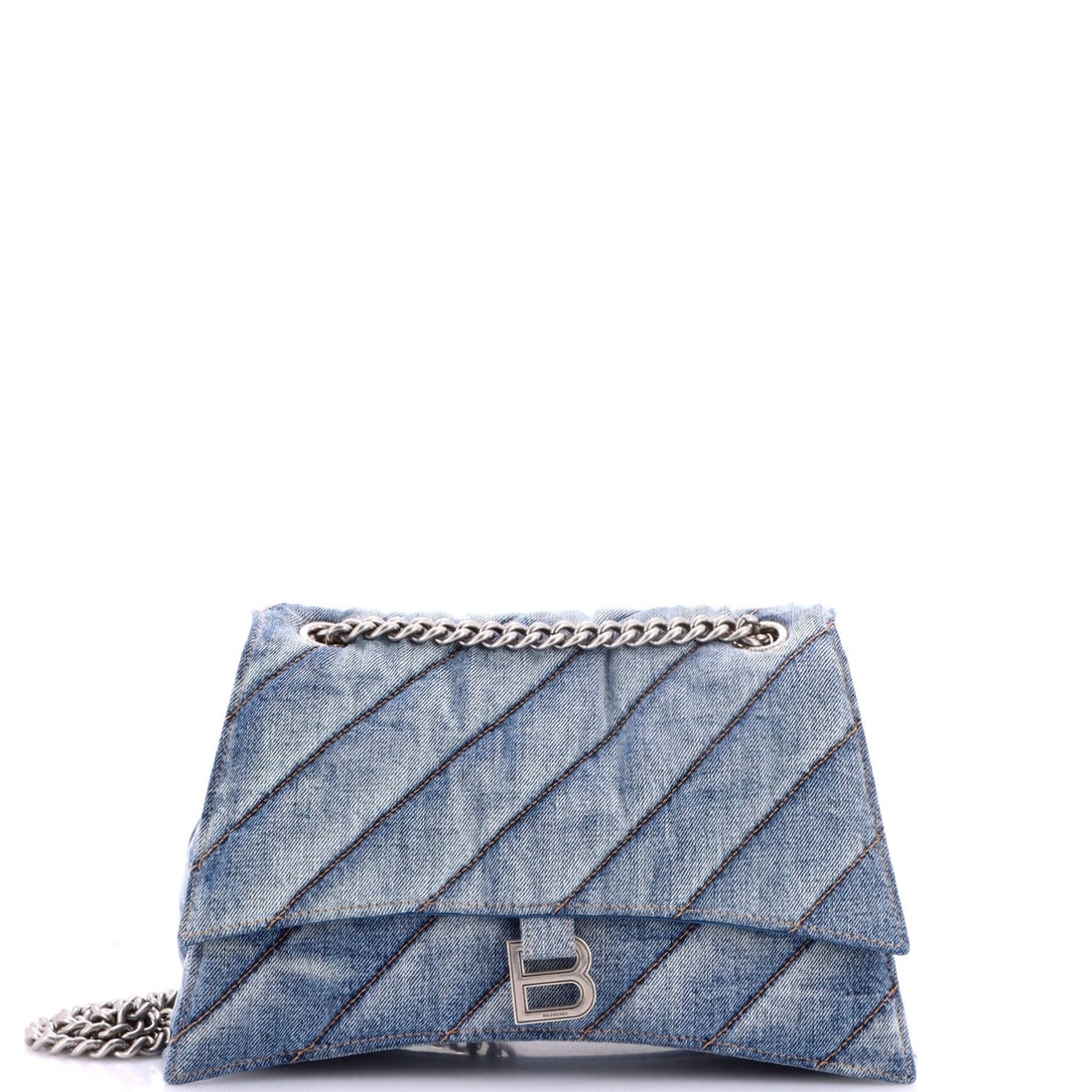 Chain Flap Quilted Medium Bag Balenciaga Crush Denim: Chain Flap Quilted Medium Bag Balenciaga Crush Denim The Balenciaga Crush Denim Medium Chain Flap Quilted Bag boasts a striking blue quilted exterior, adorned with chain details, and a spacious interi