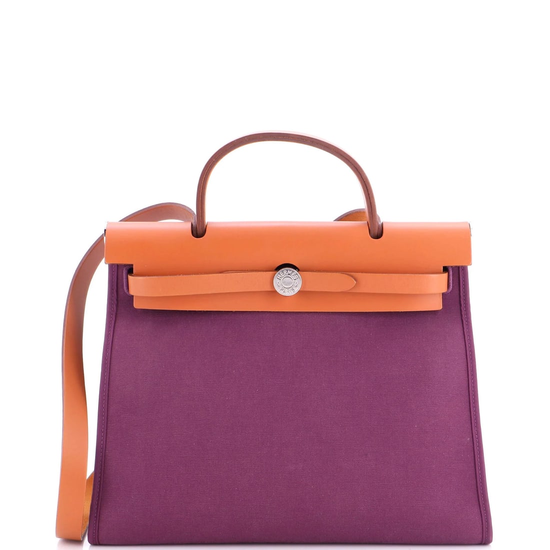 Herbag Hermes Leather Toile 31 Zip: Herbag Hermes Leather Toile 31 Zip Purple Herm?s Leather Toile 31 Zip shoulder bag with pochette and palladium hardware, measuring 10" high, 12" wide, and 4" deep, featuring a scuffed exterior and min