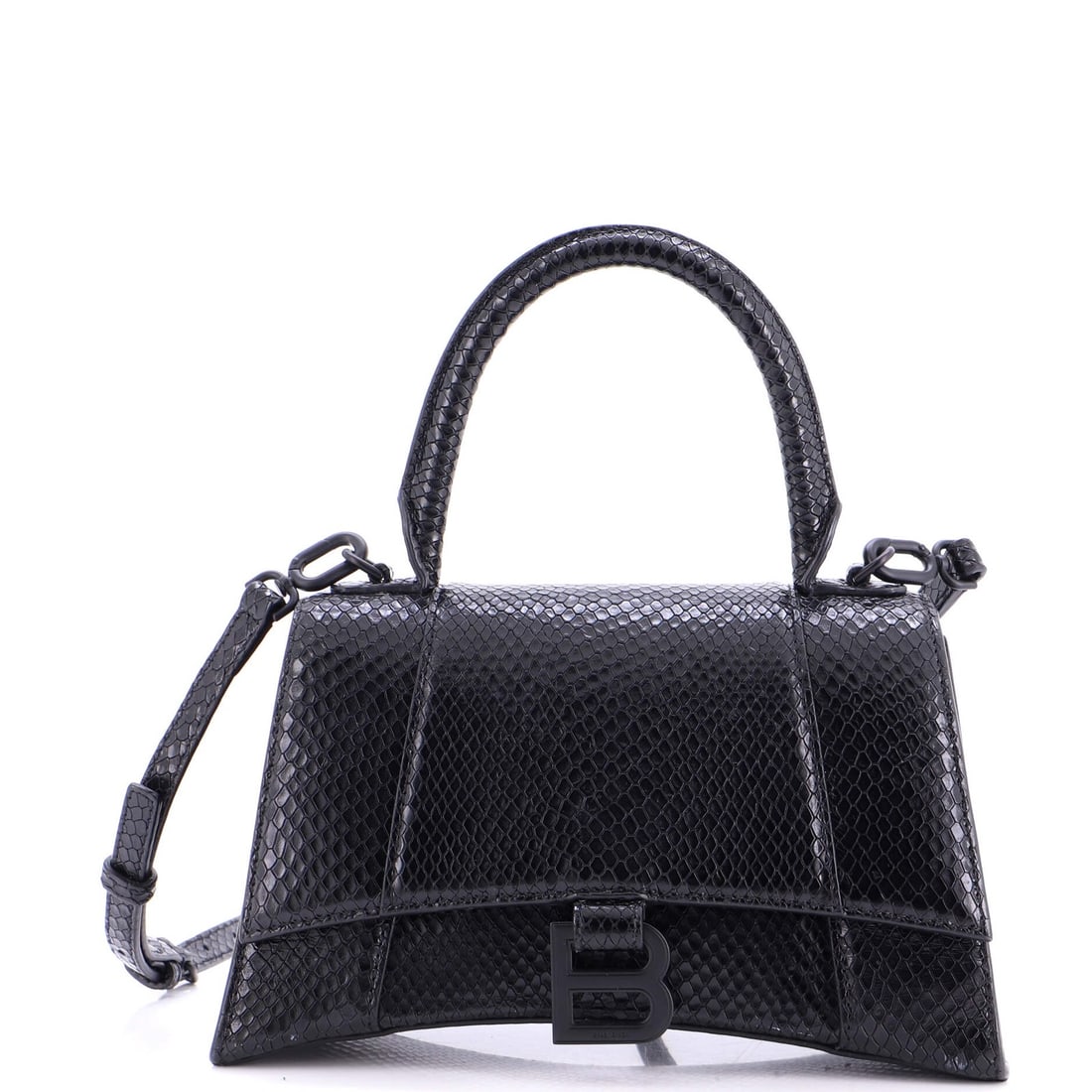 Balenciaga Hourglass Small Snakeskin Leather Bag Top Handle Embossed: Balenciaga Hourglass Small Snakeskin Leather Bag Top Handle Embossed Black snakeskin embossed leather top handle bag from Balenciaga's Hourglass collection, featuring a small size and cross body
