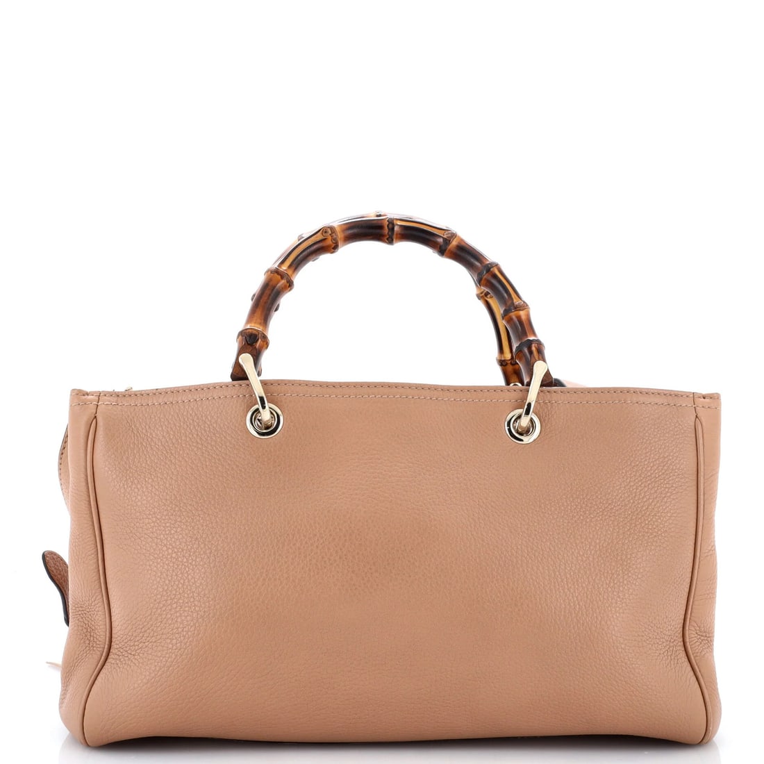 Bamboo Shopper Tote Leather Gucci Medium: Bamboo Shopper Tote Leather Gucci Medium Heavy corner wear, scuffs, cracking, edge wear, and discoloration are visible on this Gucci Bamboo Shopper Tote Leather Medium. The neutral exterior color and