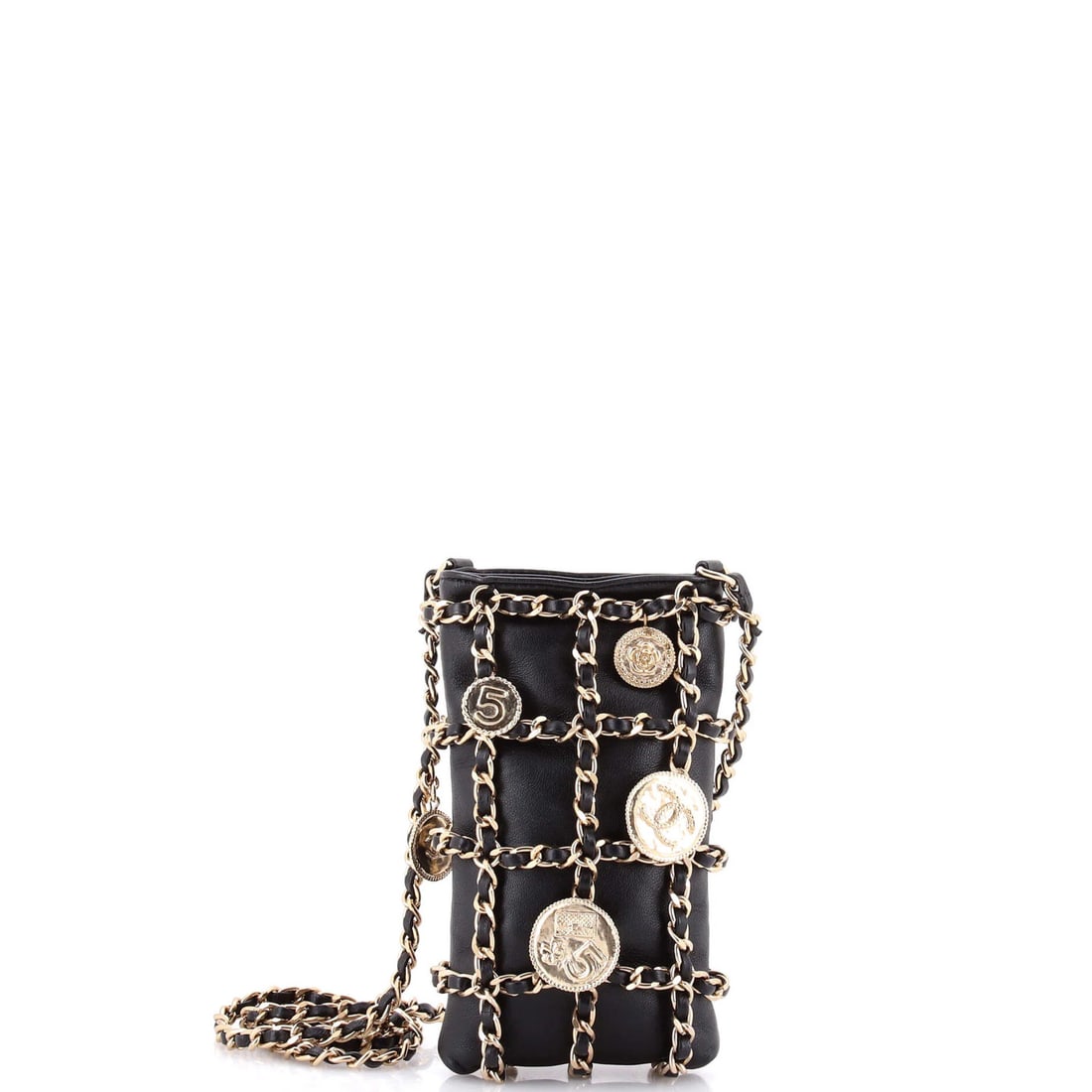 Lambskin Chain Clutch Medallion Out Tech Chanel With: Lambskin Chain Clutch Medallion Out Tech Chanel With Black lambskin exterior, gold tone hardware, and a red interior make this Tech Me Out Medallion Clutch With Chain stand out. The cross body design