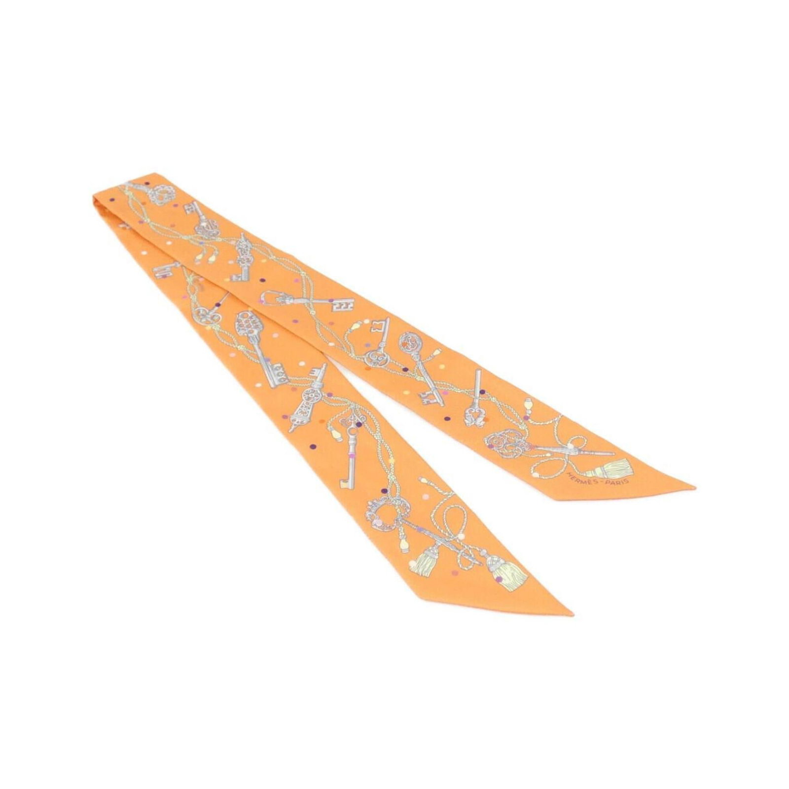 Silk Hermes Scarf: Silk Hermes Scarf Silk from Hermes, this scarf features a vibrant orange color and measures 5cm x 86cm. Made from high-quality silk, its size and color make it a striking accessory for any outfit. Ite
