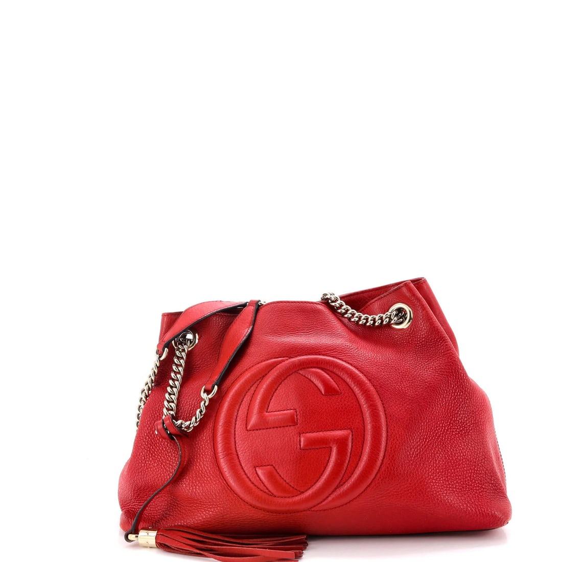Leather Medium Gucci Bag Strap Chain Soho: Leather Medium Gucci Bag Strap Chain Soho Red Leather Medium Gucci Chain Strap Soho Bag Strap with Gold Hardware, featuring a neutral interior and minor scuffs, minor creases, and minor corner wear,