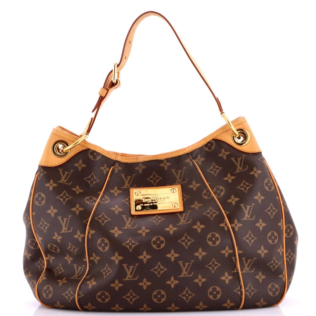 Galliera Handbag Monogram Canvas Louis Vuitton: Galliera Handbag Monogram Canvas Louis Vuitton Canvas Coated Louis Vuitton Galliera Handbag in Brown, featuring a classic monogram canvas exterior with heavy edge wear and scuffs. The interior is