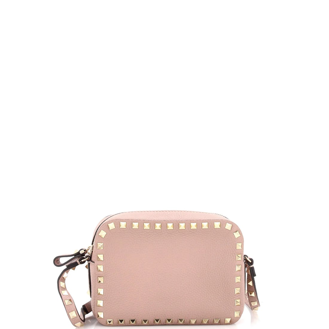 Garavani Valentino Rockstud Leather Camera Crossbody Bag: Garavani Valentino Rockstud Leather Camera Crossbody Bag The Garavani Valentino Rockstud Leather Camera Crossbody Bag boasts a neutral exterior with subtle edge wear and minor scuffs, adding a touch
