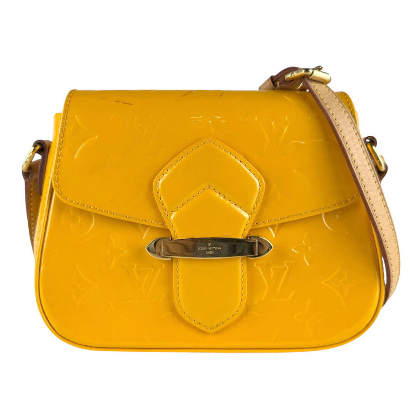 Vernis Monogram Louis Vuitton Shoulder Bag: Vernis Monogram Louis Vuitton Shoulder Bag Monogram Vernis bag with distinctive Jaune color, featuring the iconic Louis Vuitton design, crafted from high-quality materials. This shoulder bag measures 