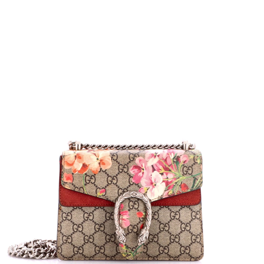 Dionysus Bag Blooms Gucci Coated Canvas Mini Print GG: Dionysus Bag Blooms Gucci Coated Canvas Mini Print GG Burgundy and brown hues come together in the Gucci Coated Canvas Mini Print GG, featuring a Dionysus Bag Blooms print in a unique blend of