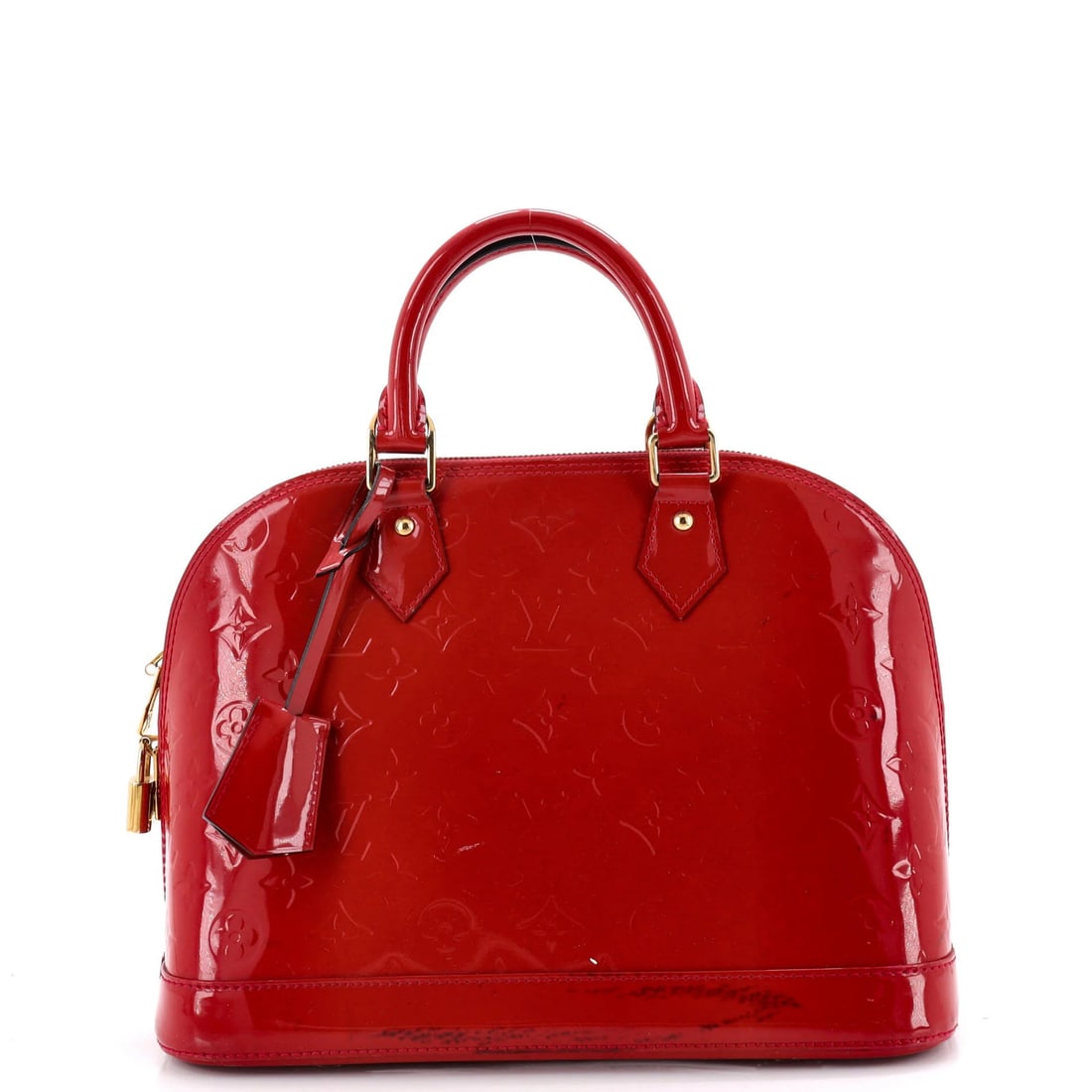 Louis Vuitton Alma Monogram Vernis Handbag PM: Louis Vuitton Alma Monogram Vernis Handbag PM Red Louis Vuitton Alma Monogram Vernis PM Handbag with patent leather exterior and gold hardware, featuring a top handle and interior with fabric lining. 