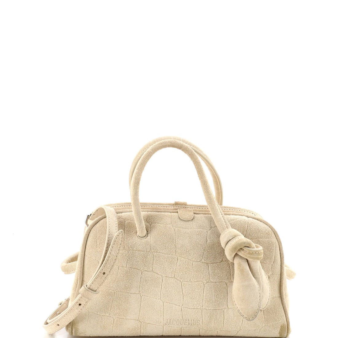 Crocodile Embossed Suede Turismo Petite Jacquemus Bag: Crocodile Embossed Suede Turismo Petite Jacquemus Bag Crocodile embossed suede exterior adds a touch of luxury to this petite Le Petite Turismo bag. The neutral color and fair condition make it a uniq