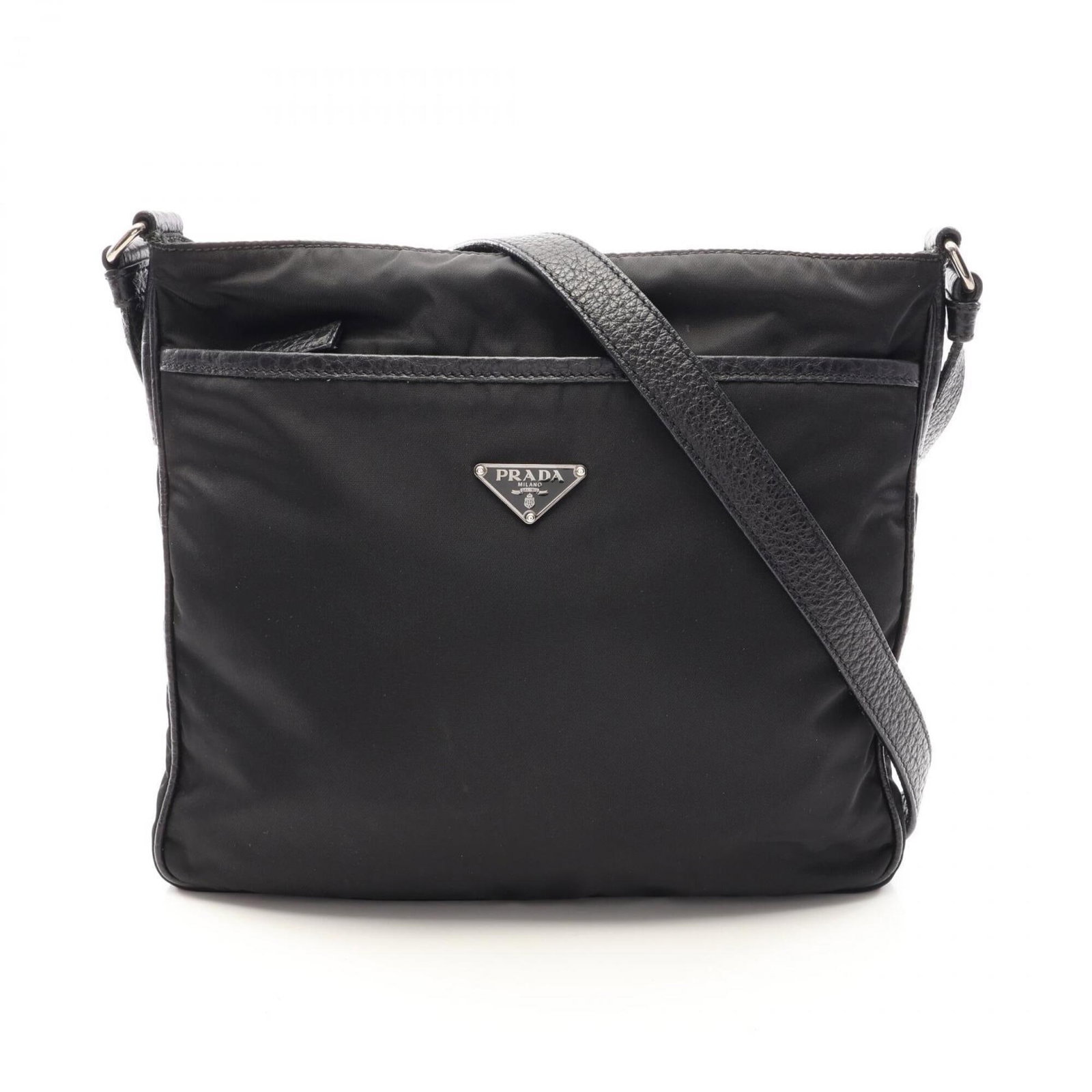 Handbag Nylon Leather Bag Prada Shoulder: Handbag Nylon Leather Bag Prada Shoulder Prada's Nylon Leather Shoulder Bag boasts a sleek black design, combining the durability of nylon with the sophistication of leather. Measuring 27cm x 29cm x