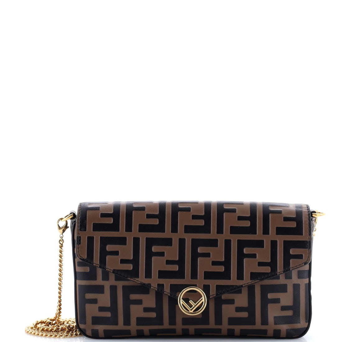Fendi F Zucca Embossed Leather Chain Fendi F Envelope Clutch: Fendi F Zucca Embossed Leather Chain Fendi F Envelope Clutch The Fendi F Zucca Embossed Leather Chain Fendi F Envelope Clutch boasts a rich, brown exterior with intricate Zucca embossing, adding a