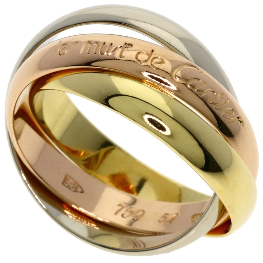 Cartier Trinity #51 Ring K18 Yellow Gold 18K Pink Gold: Cartier Trinity #51 Ring K18 Yellow Gold 18K Pink Gold Cartier Trinity #51 Ring in K18 Yellow Gold features a unique design with a signature. This 18K pink gold piece is a standalone ring with no