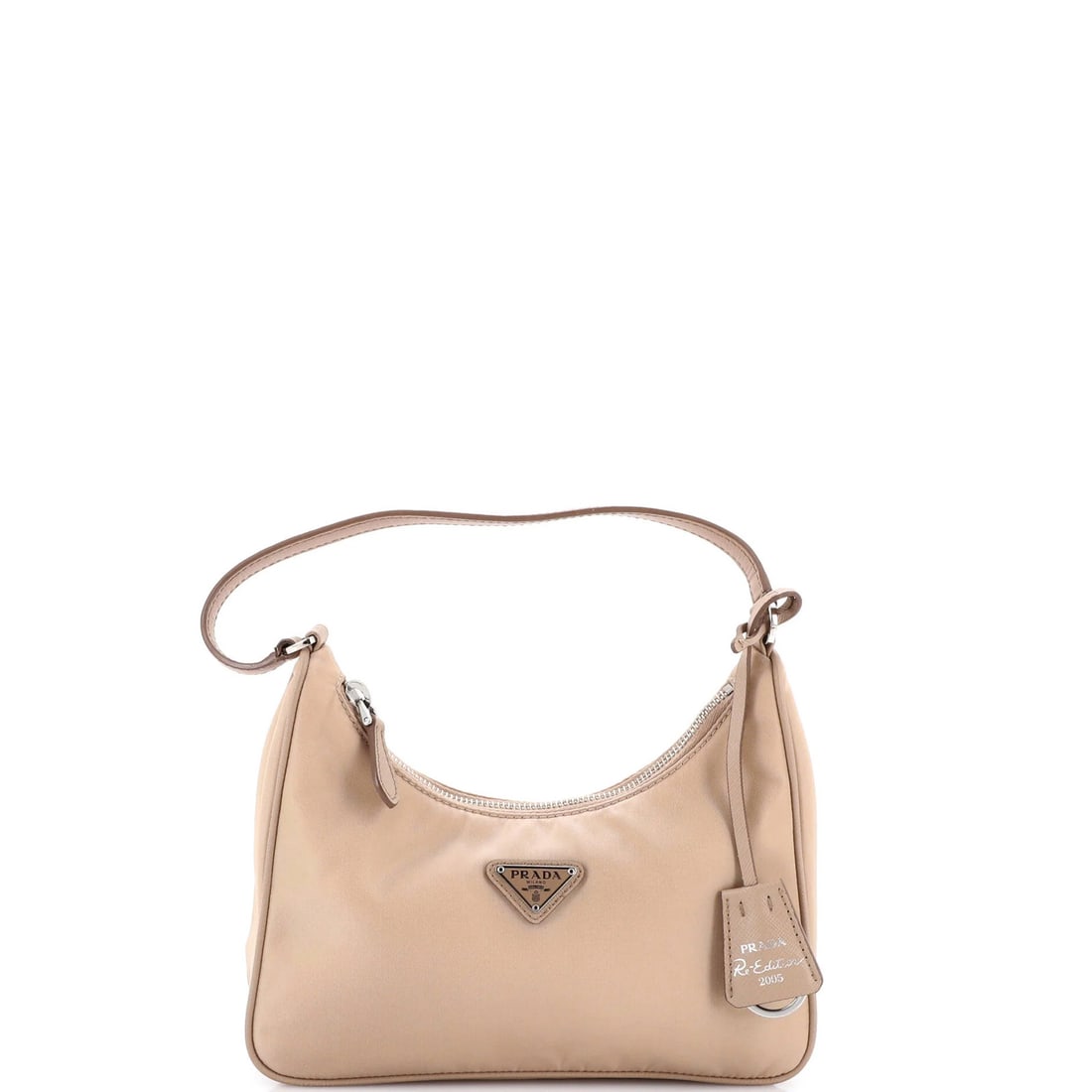 Prada Re-Edition 2000 Hobo Tessuto Mini: Prada Re-Edition 2000 Hobo Tessuto Mini The Prada Re-Edition 2000 Hobo Tessuto Mini is a neutral-colored, nylon exterior mini handbag with a unique fabric interior. Measuring 6" tall, 8.5" wide, and