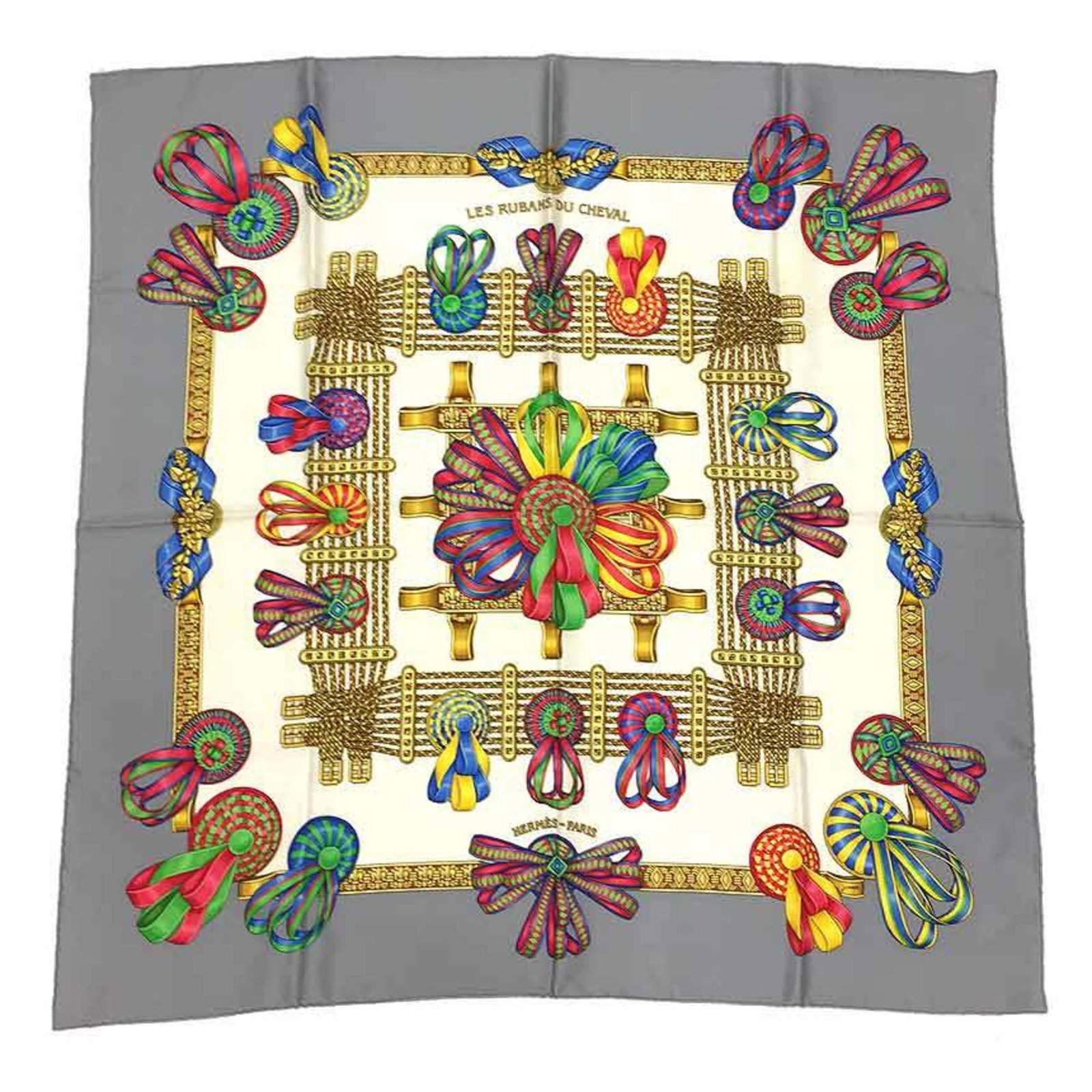 Silk Hermes Scarf: Silk Hermes Scarf Silk Hermes Scarf in Gray and Ivory, measuring 90cm x 90cm, made from high-quality silk. This iconic scarf features a timeless design that exudes elegance and sophistication. Item