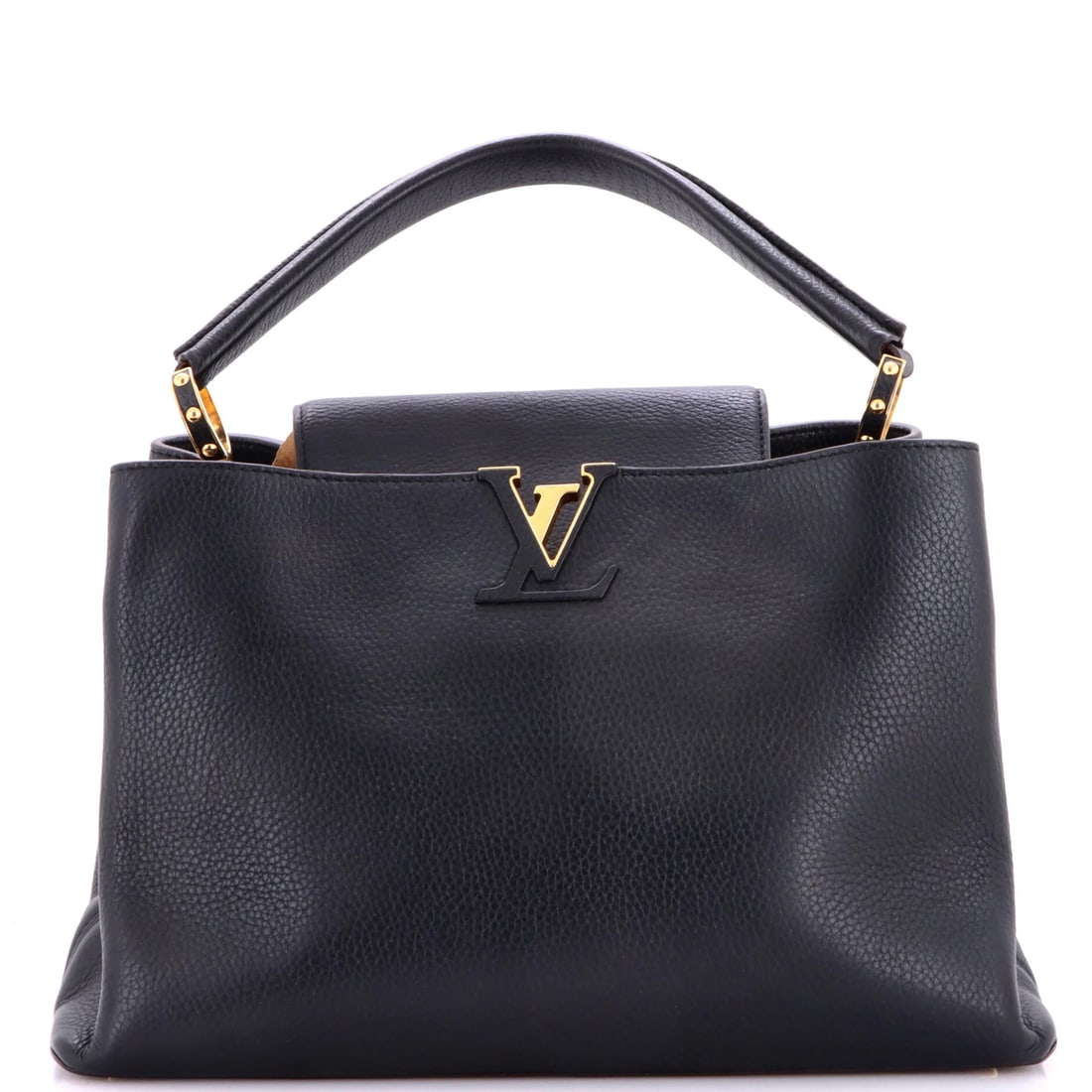 Louis Vuitton Capucines Bag Leather MM: Louis Vuitton Capucines Bag Leather MM Black Louis Vuitton Capucines Bag Leather MM with a touch up on edges, featuring a gold hardware and a pink interior. This top handle bag measures 9" tall and 14