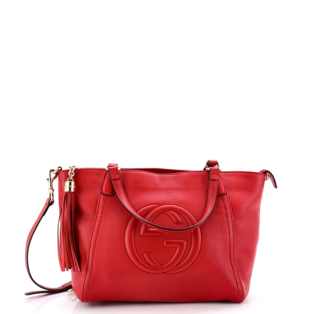 Small leather handle top bag convertible Gucci Soho: Small leather handle top bag convertible Gucci Soho The Gucci Soho convertible top handle bag boasts a striking red exterior and neutral interior, perfectly balanced by gold-tone hardware. Measuring
