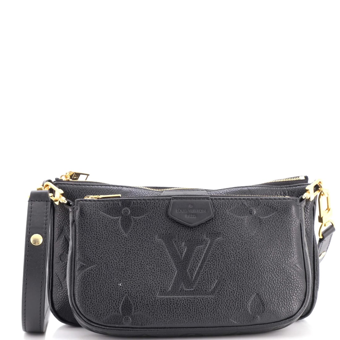 Louis Vuitton Giant Pochette Accessoires Monogram Empreinte: Louis Vuitton Giant Pochette Accessoires Monogram Empreinte Black Leather Louis Vuitton Giant Pochette Accessoires Monogram Empreinte Cross Body Bag with Extra Bag and Gold Hardware, featuring minor