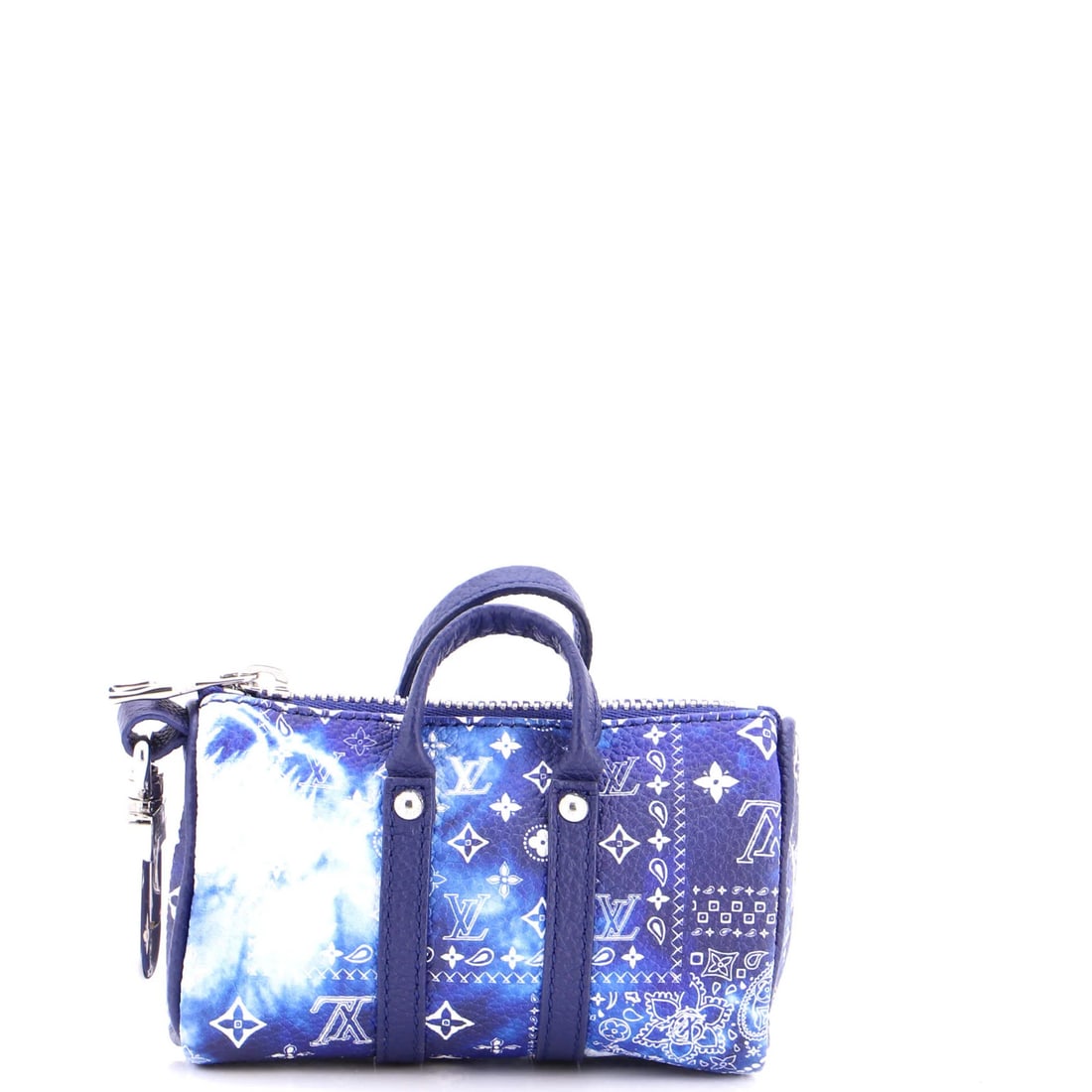 Louis Vuitton Mini Keepall Bag Charm And Key Holder Limited Edition Monogram: Louis Vuitton Mini Keepall Bag Charm And Key Holder Limited Edition Monogram Blue Leather Louis Vuitton Mini Keepall Bag Charm And Key Holder with Silver Hardware, featuring a Limited Edition Monogram