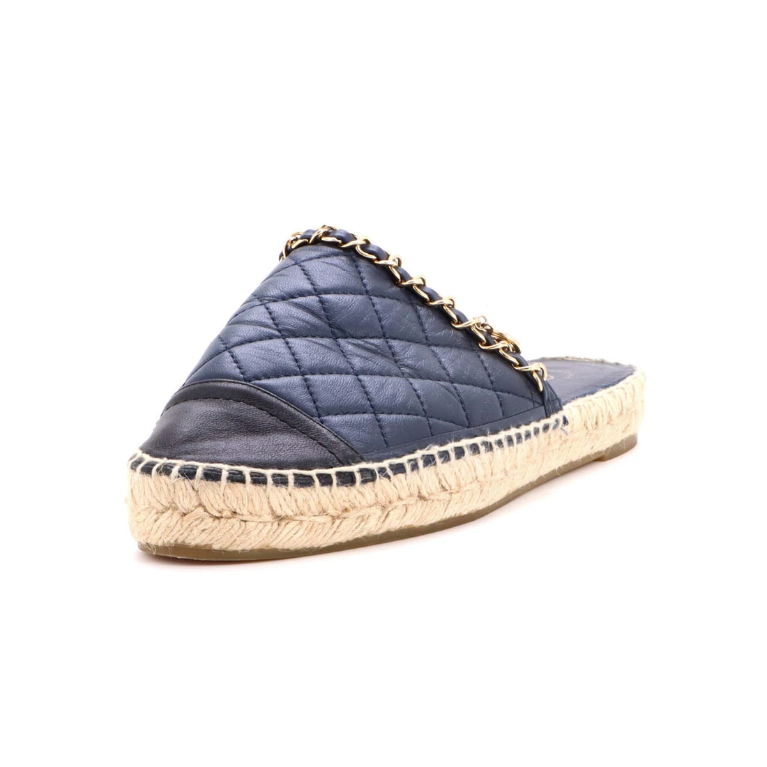 Chanel Women's CC Mule Espadrilles Embossed Leather: Chanel Women's CC Mule Espadrilles Embossed Leather Blue Embossed Leather Espadrilles with Gold Hardware, featuring the iconic CC Mule design from Chanel. This women's shoe boasts a unique blend of cl
