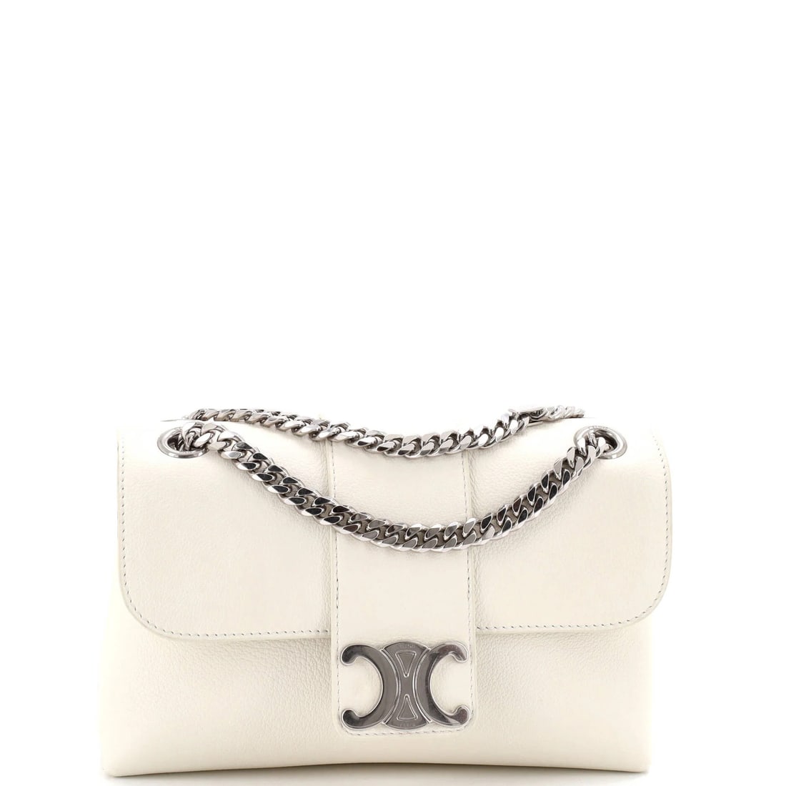 Shoulder Bag Leather Teen Celine Flap Victoire: Shoulder Bag Leather Teen Celine Flap Victoire White leather shoulder bag with a classic flap design, measuring 6" tall, 8" wide, and 3" deep. The Victoire model features a timeless style with a