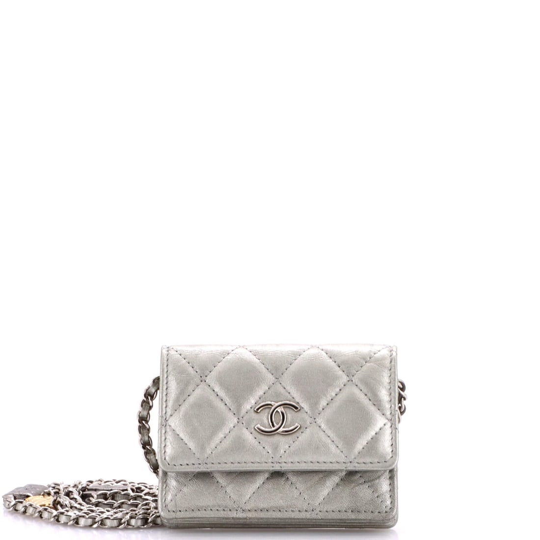 Chanel Aged Calfskin Quilted Card Holder Chain Mini: Chanel Aged Calfskin Quilted Card Holder Chain Mini This Chanel mini cross body bag features a quilted aged calfskin exterior with a metallic finish, adding a touch of luxury to any outfit. The bag's 