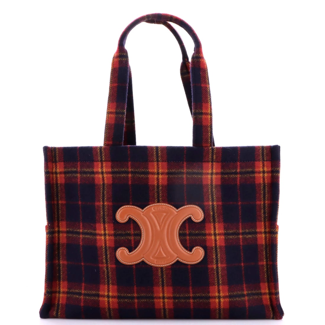 Cabas Thais Celine Wool Large Tartan Tote: Cabas Thais Celine Wool Large Tartan Tote Cabas Thais Celine Wool Large Tartan Tote boasts a striking blue and red tartan print on its exterior, crafted from high-quality wool. Measuring 11" high,