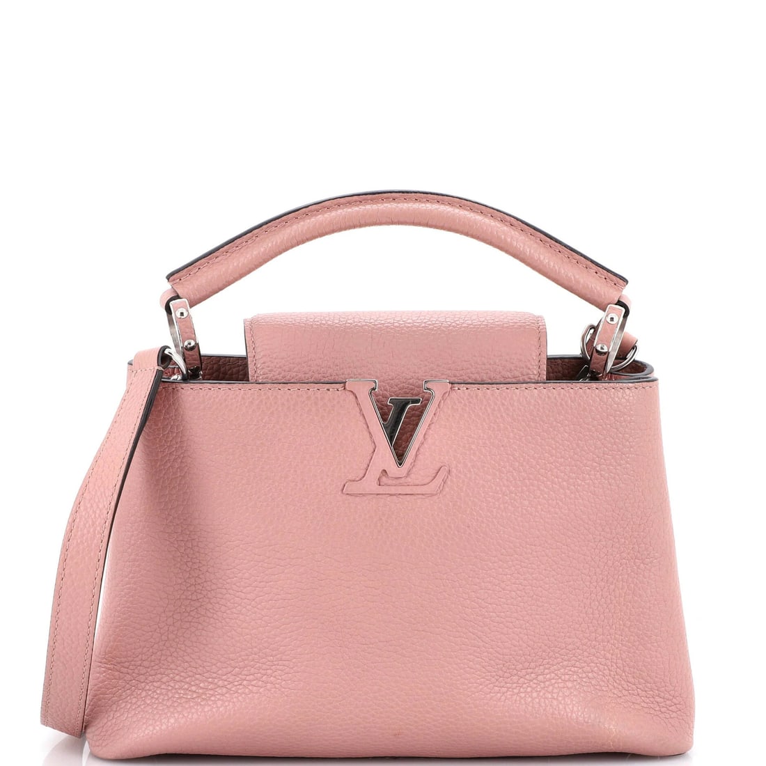 Louis Vuitton Capucines Bag Leather BB: Louis Vuitton Capucines Bag Leather BB Pink Louis Vuitton Capucines Bag Leather BB, featuring a classic top handle design with minor scuffs and creases, measures 7" tall and 10.5" wide, with a 21-23"