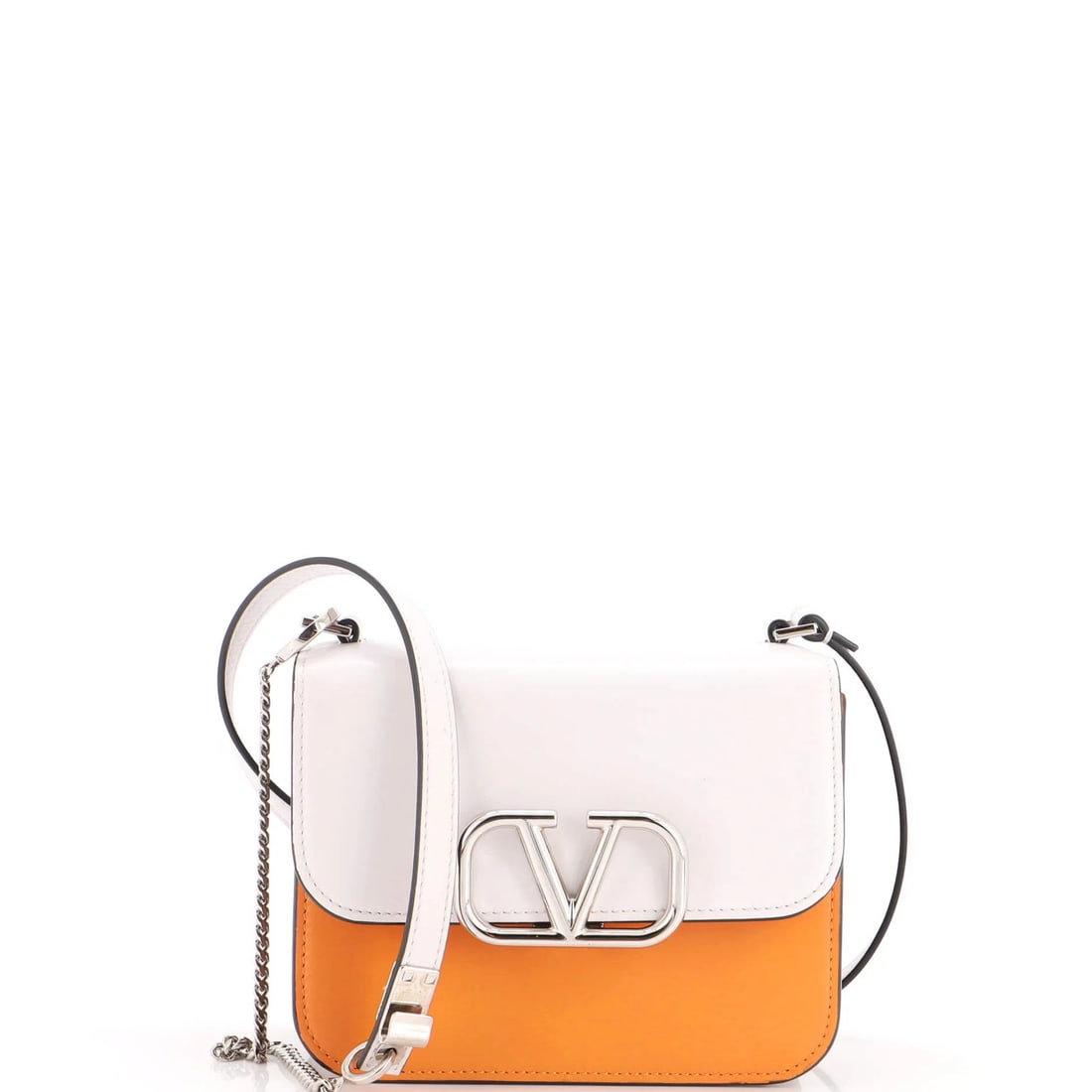 Valentino Garavani VSling Shoulder Bag Leather Small: Valentino Garavani VSling Shoulder Bag Leather Small White leather Valentino Garavani VSling Shoulder Bag with silver hardware, measuring 6" tall and 7" wide, features a small size and a classic